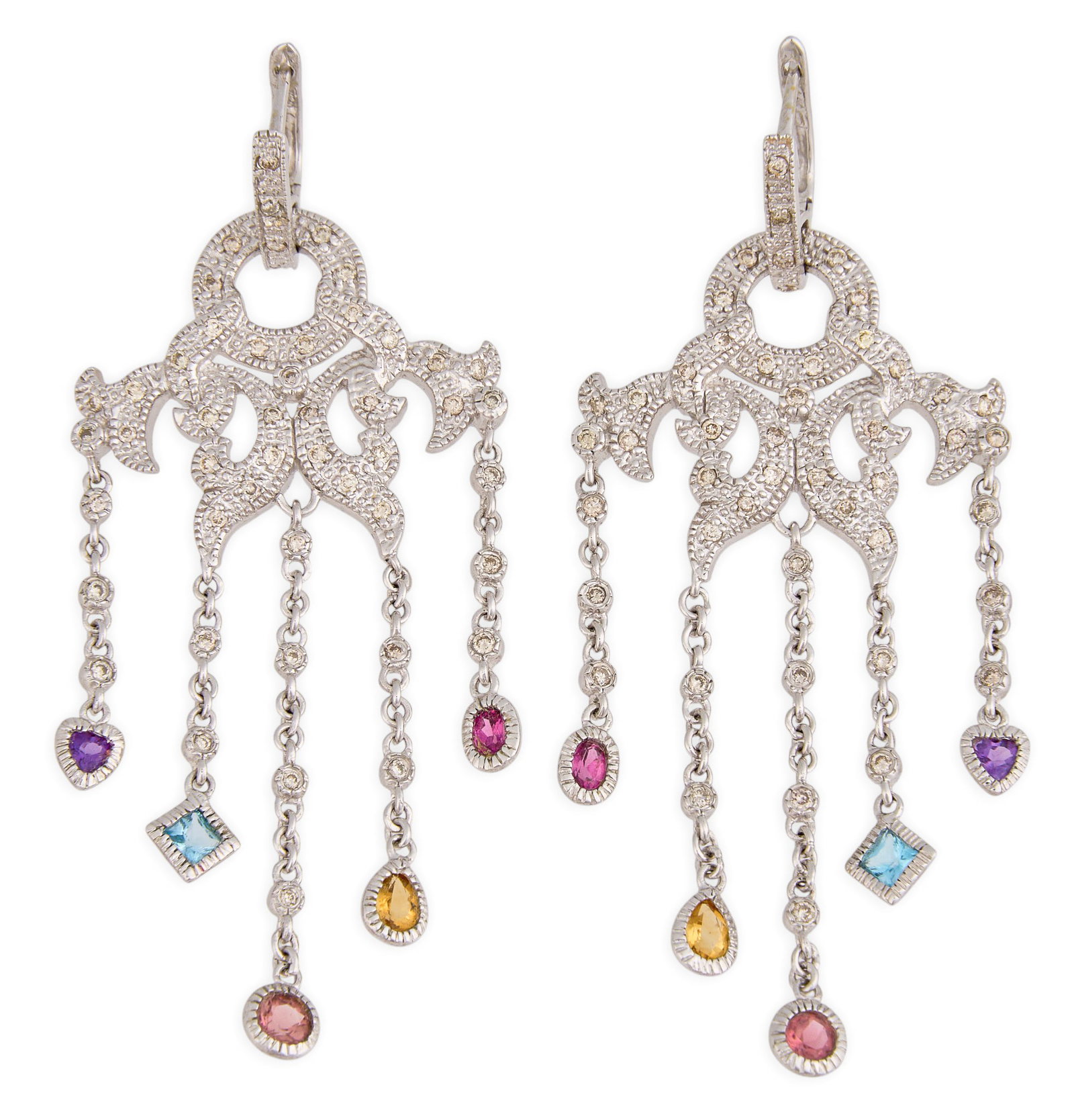 14K Diamond & Multi-Stone Dangle Earrings: Pair of 14K white gold dangle earrings, set with small round diamonds throughout, with dangling gemstones in bezel settings, marked "14K" Length: 2.25 in. Total weight: 9.1 g