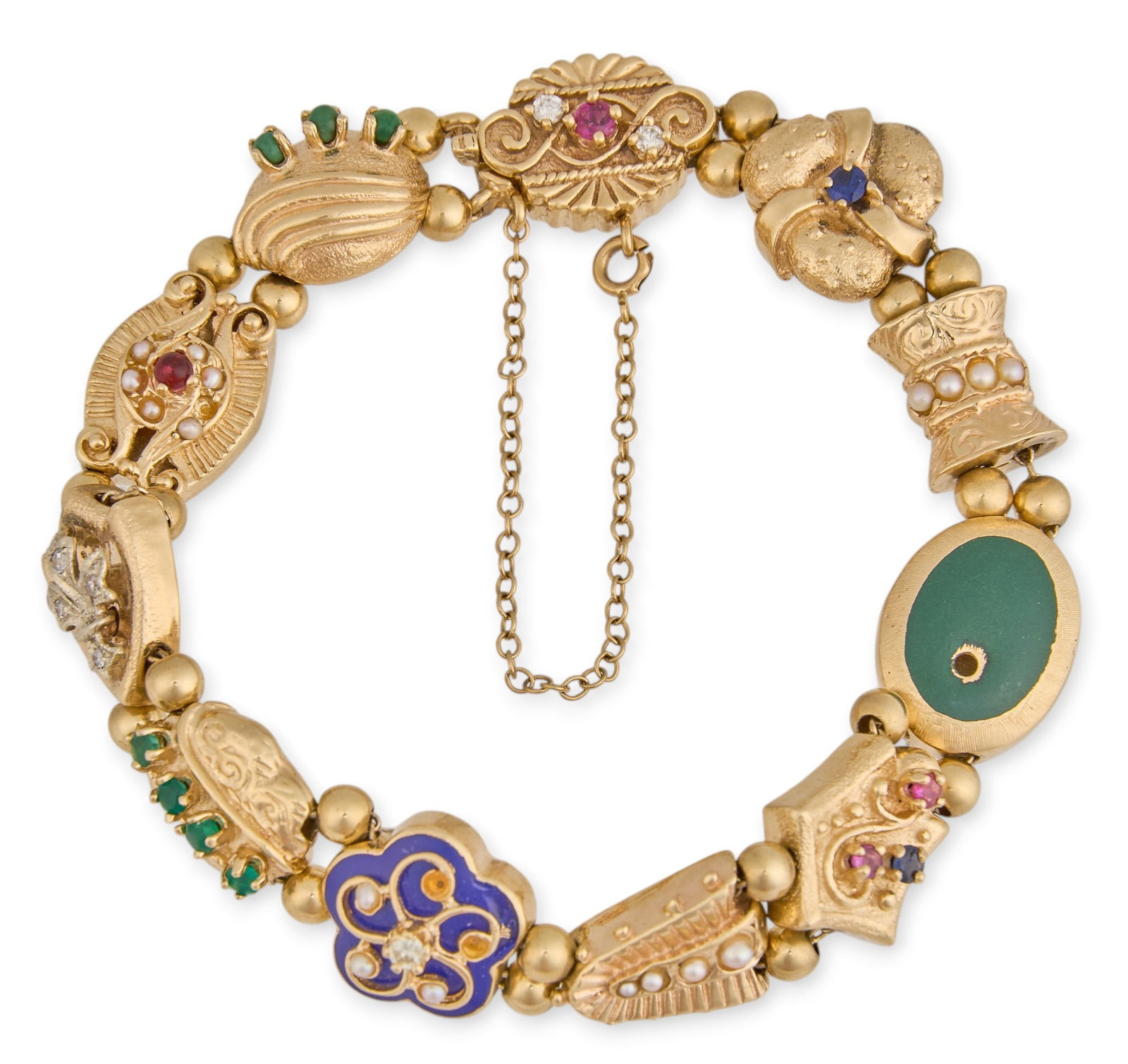 14K Victorian Style Charm Slide Bracelet: Vintage 14K yellow gold charm slide bracelet composed of articulated multi-motif links, various gemstone-set segments including ruby, lab-grown sapphire, seed pearls, enamel flower motif set with a