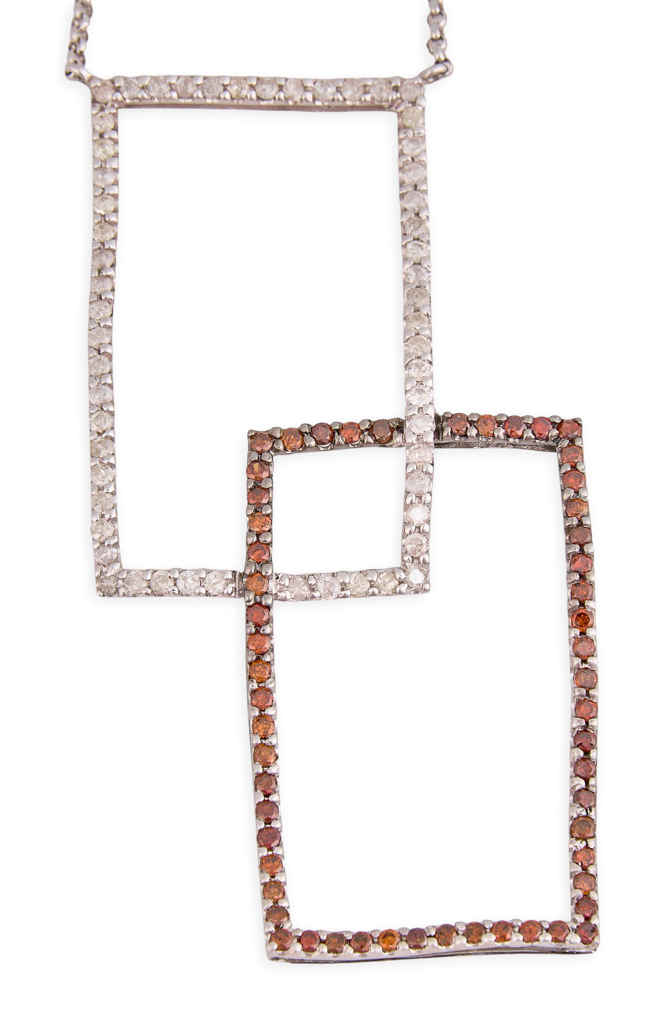14K Enigma Diamond Pendant Necklace: Enigma 14K white gold pendant necklace, set with round cut diamonds and orange sapphires in channel settings, marked "14K 585" to pendant and clasp Length: 16 in. Total weight: 8.8 g