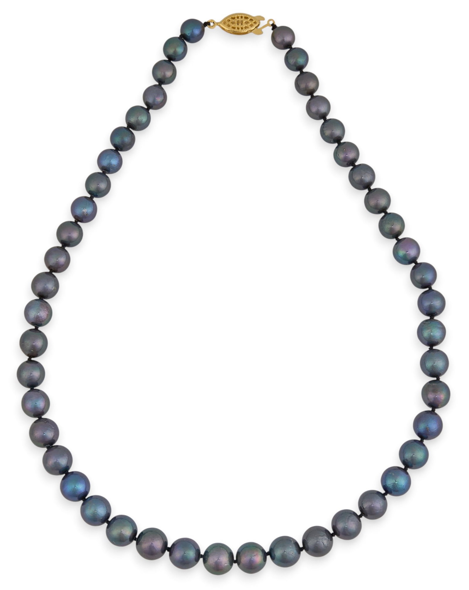 14K Multicolor Pearl Necklace: Single-strand cultured pearl necklace, approximately 9–10 mm, with vibrant green, bronze, aubergine, and silver overtones, with 14K yellow gold clasp Length: 18 in. Total weight: 46.8 g