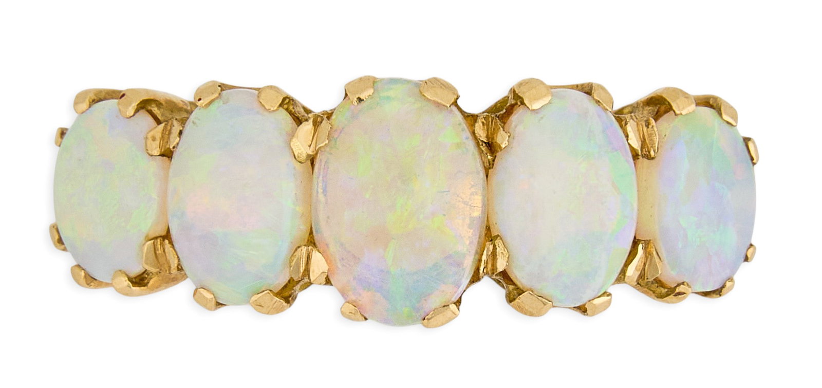 18K Opal Ring: 18K yellow gold ring, set with five opal cabochons, marked "750" Size: 7.25 Total weight: 4.46 g Provenance: Property from an estate collection at a home in the Lincoln Heights