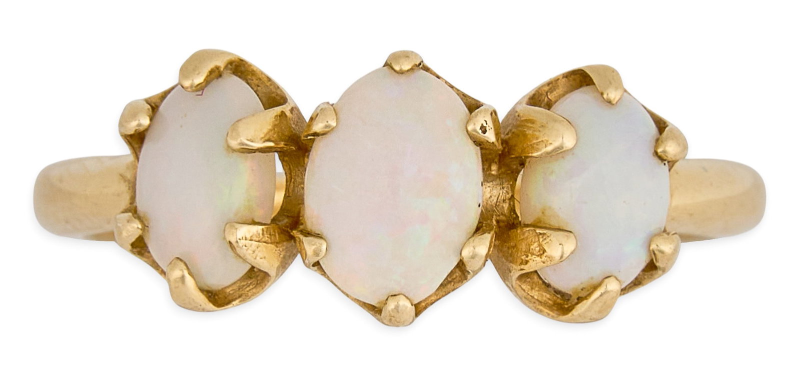 14K Opal Ring: 14K yellow gold ring, set with three opal cabochons in prong settings, marked "14K" Size: 7.5 Total weight: 2.9 g Provenance: Property from the personal collection of a long-time Alamo