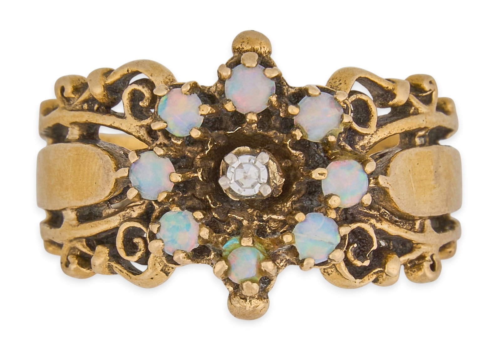 Vintage 10K Opal & Diamond Ring: Vintage 10K ring, set with round diamond center stone, accented by round cut opals in flower motif, marked "14K" Size: 7.25 Total weight: 5.8 g Provenance: Property from an estate