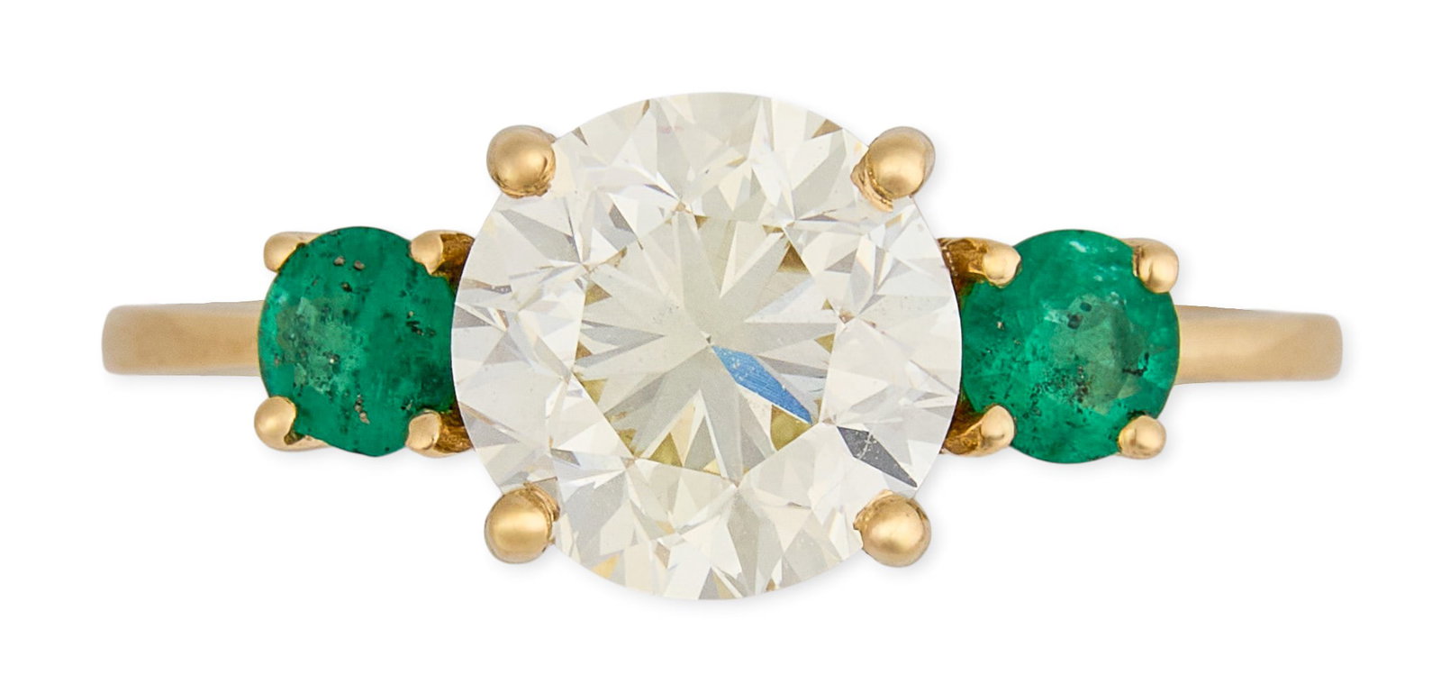 18K Diamond and Emerald Three-Stone Ring: 18K yellow gold ring, set with round brilliant-cut diamond centerstone, approximately 2.0 ct, graded L color and VVS1 clarity by IGI (Report No. 741568228), accented by round cut emeralds,