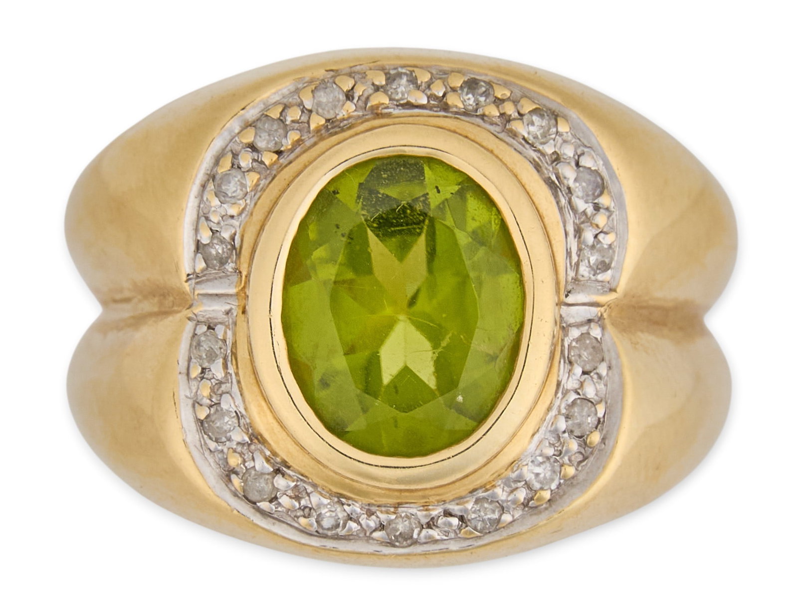 14K Peridot & Diamond Ring: 14K yellow gold ring, set with oval cut peridot center stone, accented by round cut diamond halo, marked "14K" Size: 8 Total weight: 8.7 g Provenance: Property from an estate