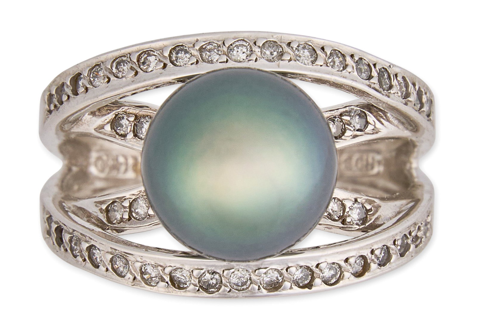 14K Tahitian Pearl & Diamond Ring: 14K white gold ring, set with 9.5 mm cultured pearl with greenish-gray overtones, accented by approximately 0.5 ctw round brilliant cut diamonds, graded H–J color and I1–I2