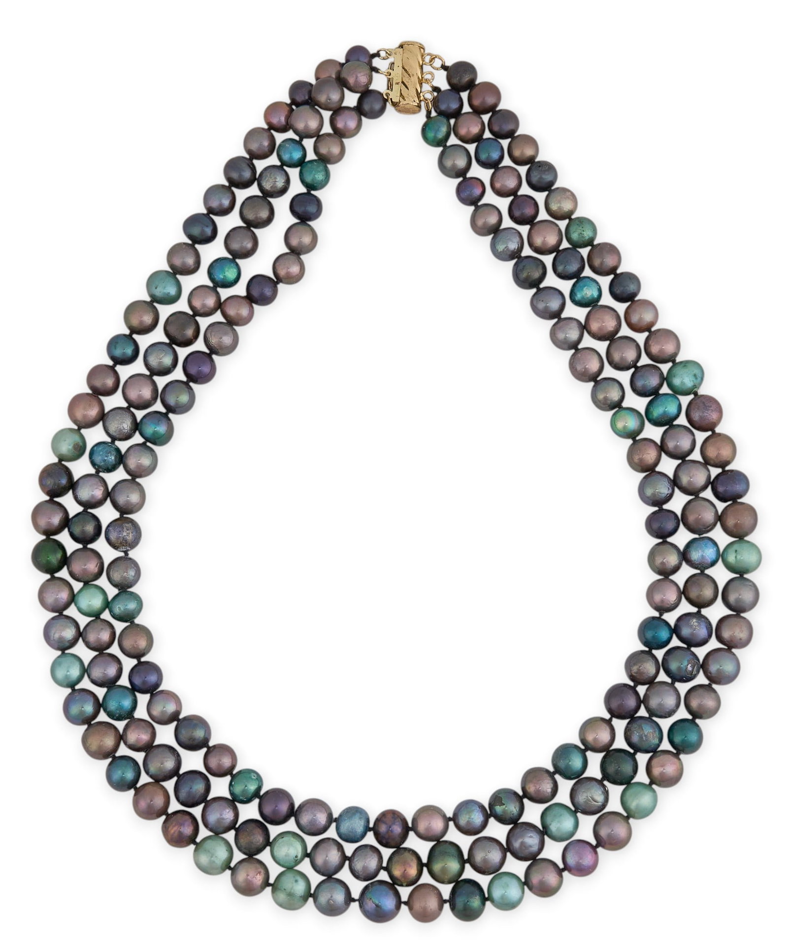 Triple-Strand Peacock Pearl Necklace with 14K Gold Clasp: Triple-strand necklace composed of graduated 8–9 mm cultured pearls displaying peacock, green, and silver overtones, strands measuring approximately 18 in., 19 in., and 20 in., with 14K