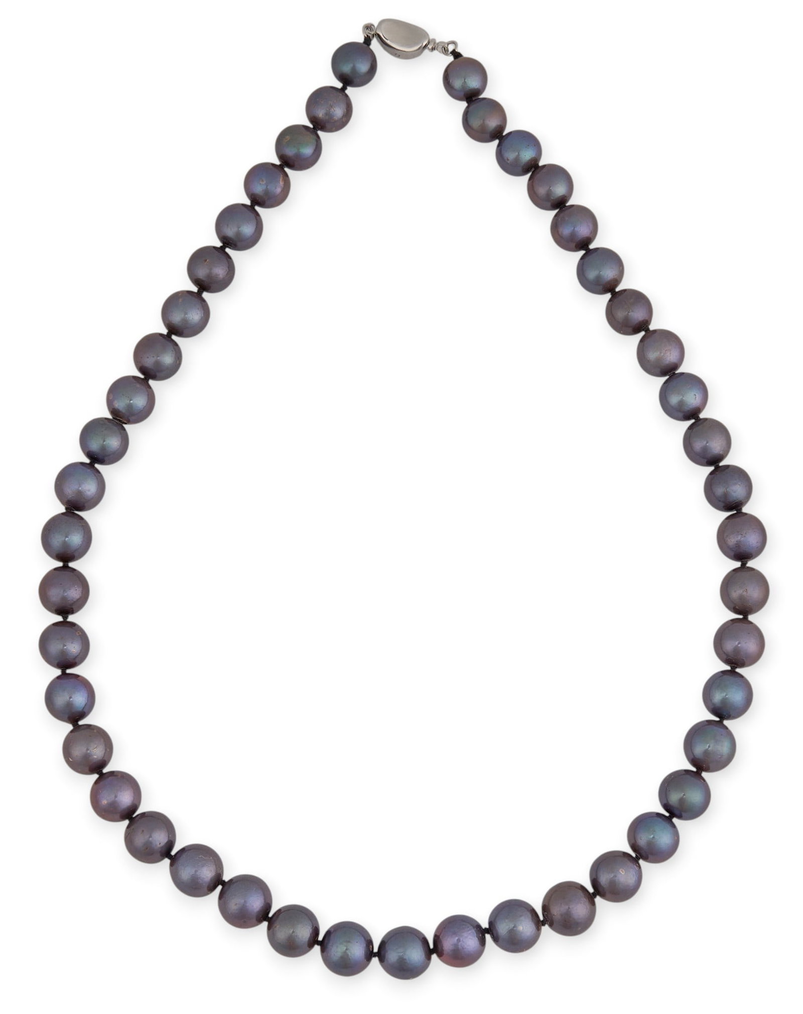 Black Cultured Pearl Necklace: Single strand black cultured pearl necklace, composed of approximately 9.0–10.0 mm cultured pearls, dark gray body color with peacock green and aubergine overtones, with sterling silver