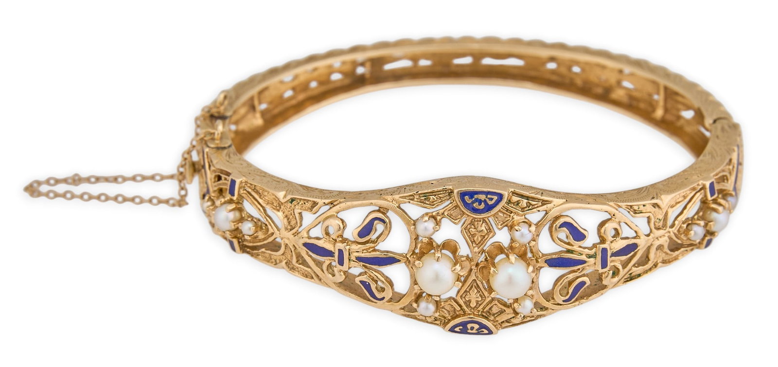 14K Pearl & Enamel Hinged Cuff: 14K yellow gold hinged cuff bracelet, set with pearl details and enamel inlay, with pierced metal framework, and safety chain, marked "14K" Circumference: 6.5 in. Total weight: 29.9 g