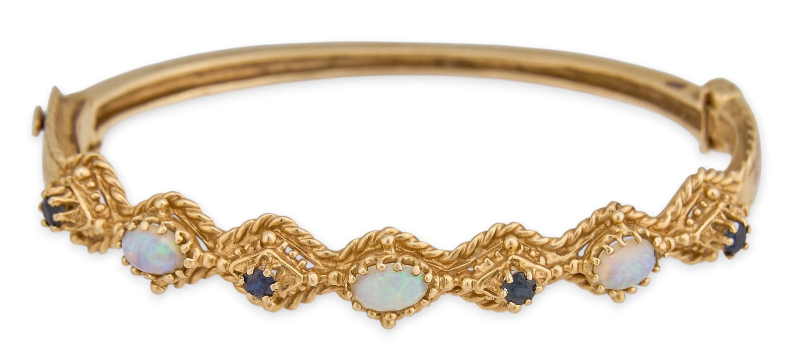 14K Opal & Sapphire Hinged Cuff: 14K yellow gold hinged cuff bracelet, set with row of alternating round cut sapphires and opal cabochons, with twisted wire design, marked "14K" Circumference: 5.5 in. Total weight: 13.