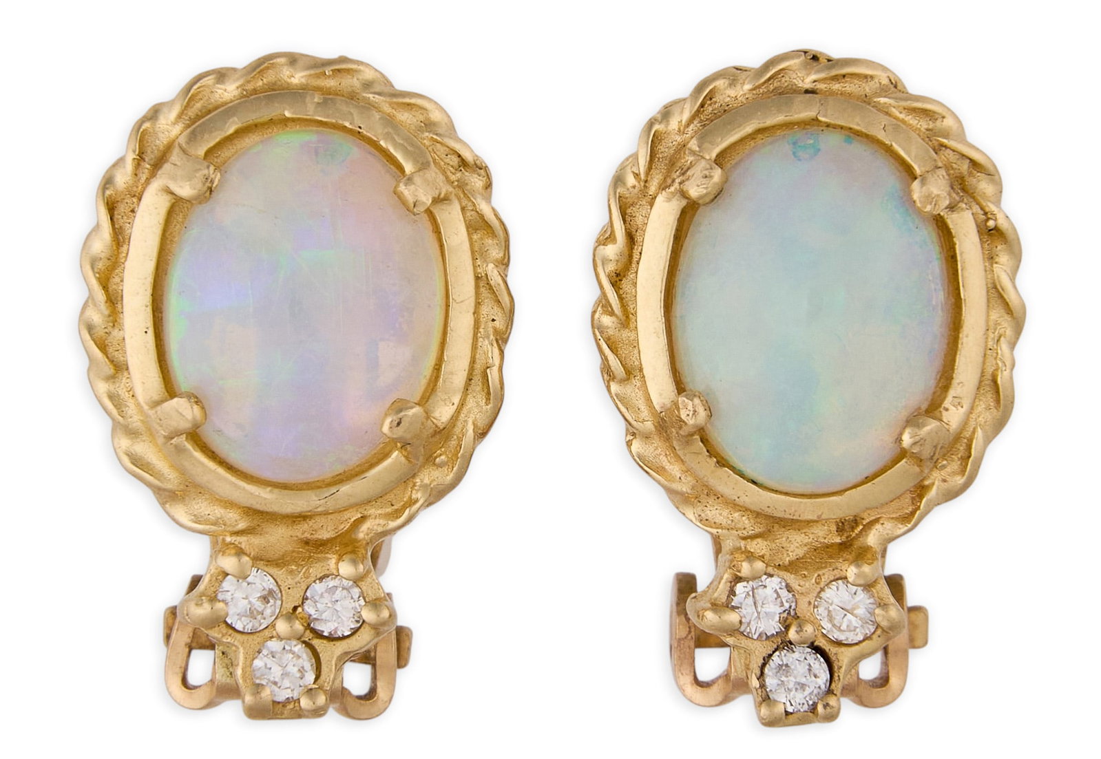 14K Opal & Diamond Earrings: Pair of clip-on 14K yellow gold earrings, set with opal cabochons, and twisted wire motif, marked "14K" Total weight: 4.6 g Provenance: Property from an estate collection at a home in t