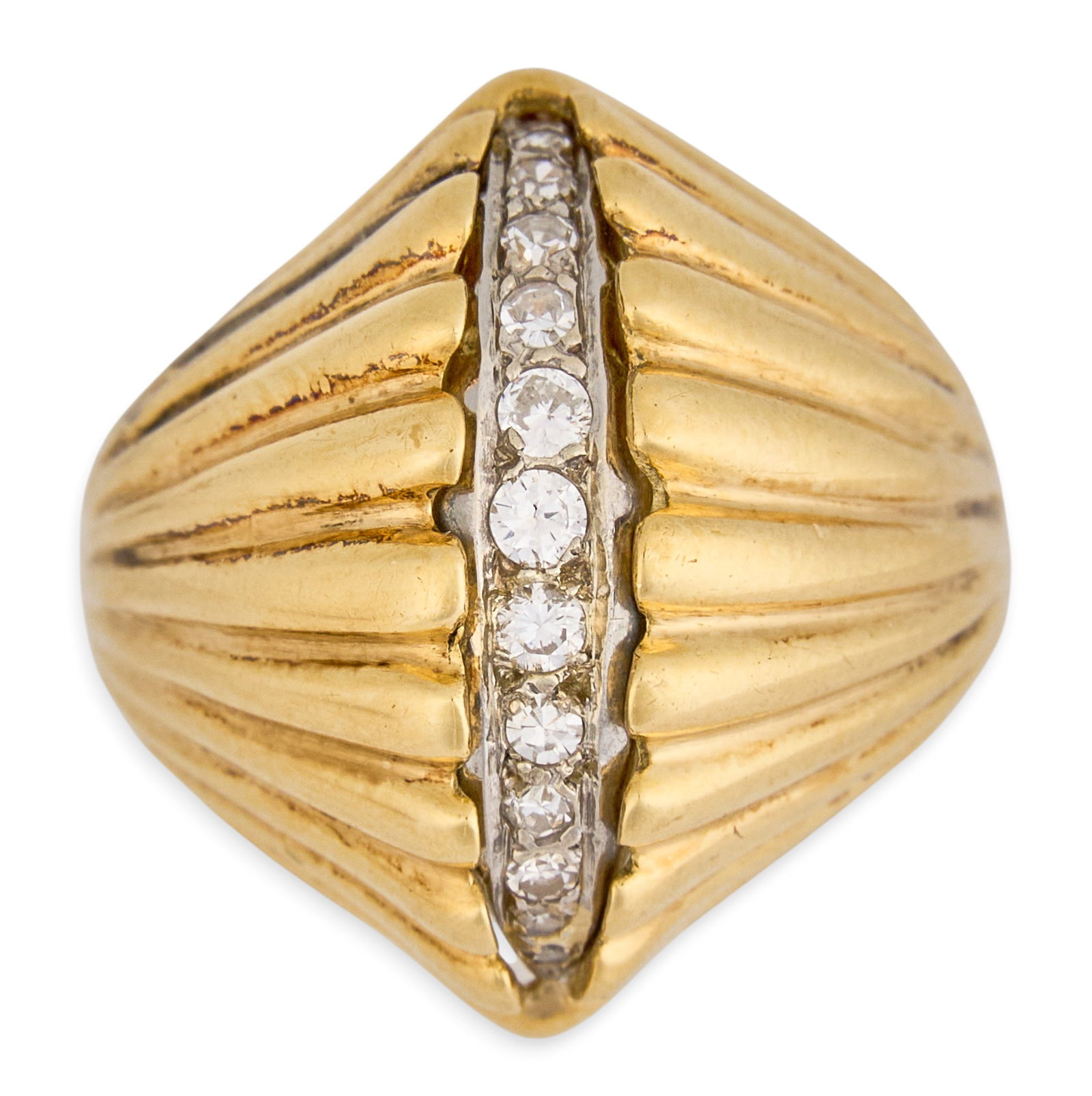 14K Dome Diamond Ring: 14K yellow gold ribbed dome form ring, set with line of round cut diamonds, marked "14KT" Size: 7 Total weight: 11.29 g Provenance: Property from an estate collection at a home in the