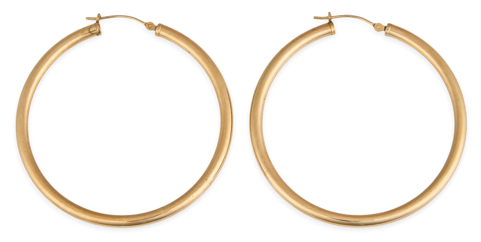 14K Large Hoop Earrings: Pair of 14K yellow gold (tested) hoop earrings Size: 2 in. diameter Total weight: 2.4 g Provenance: Property from an estate collection at a home in the Lincoln Heights neighborhood of San