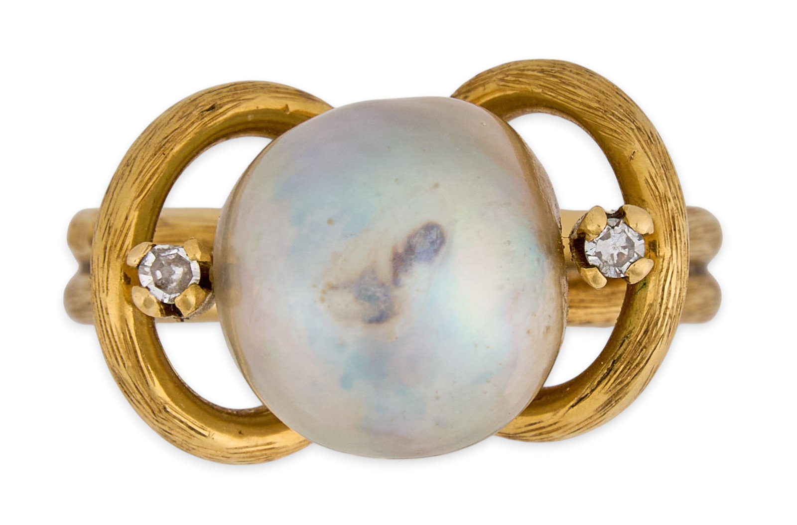 18K South Sea Pearl & Diamond Ring: 18K yellow gold (tested) ring, set with single South sea pearl, approximately 11.2 mm, accented by two round diamonds Size: 7 Total weight: 9.7 g Provenance: Property from an estate