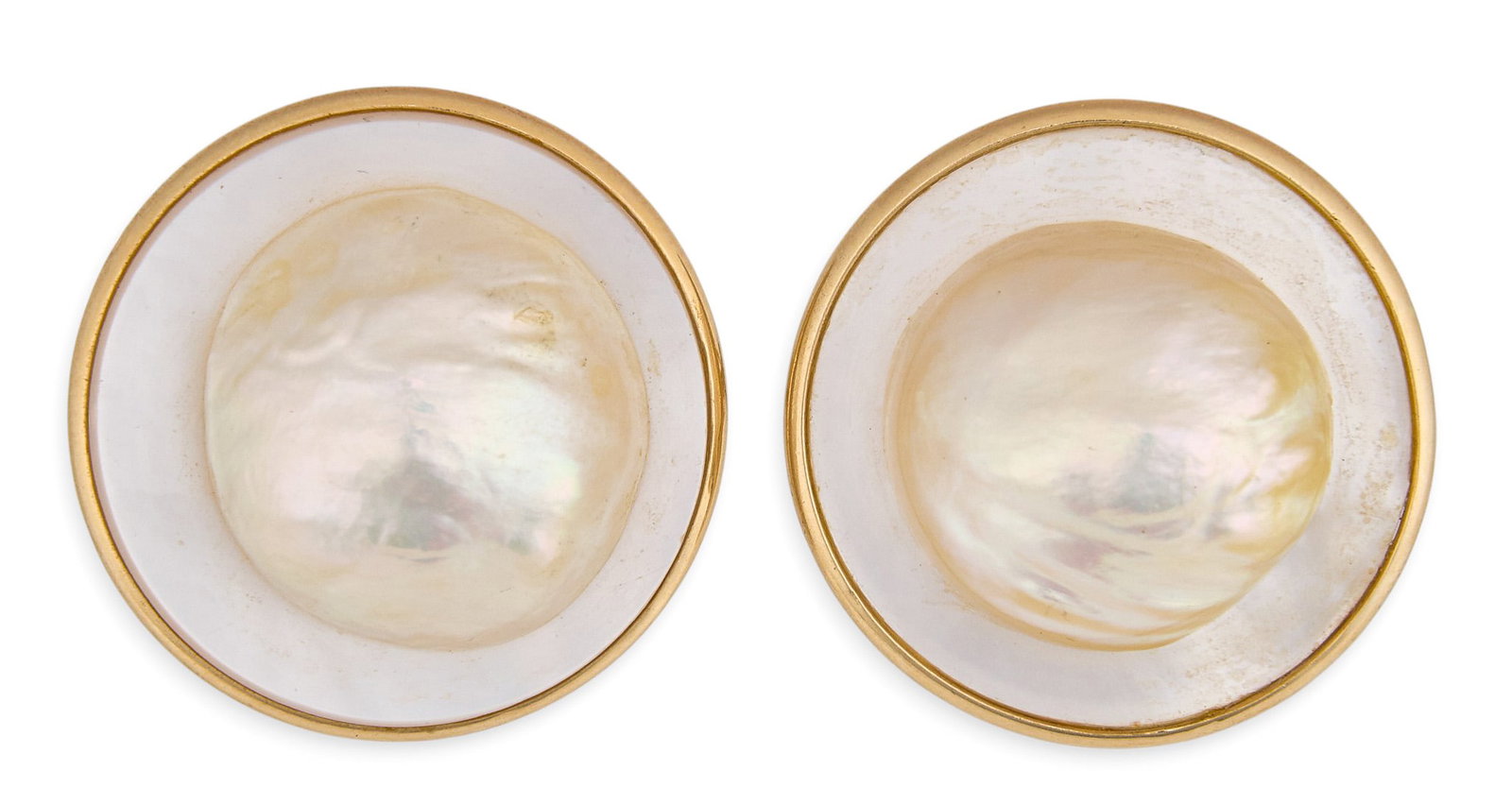 14K Pearl Earrings: Pair of 14K yellow gold mabe pearl earrings, marked "14K" to posts Size: 1 in. diameter Total weight: 15.7 g Provenance: Property from an estate collection at a home in the Lincoln Heig