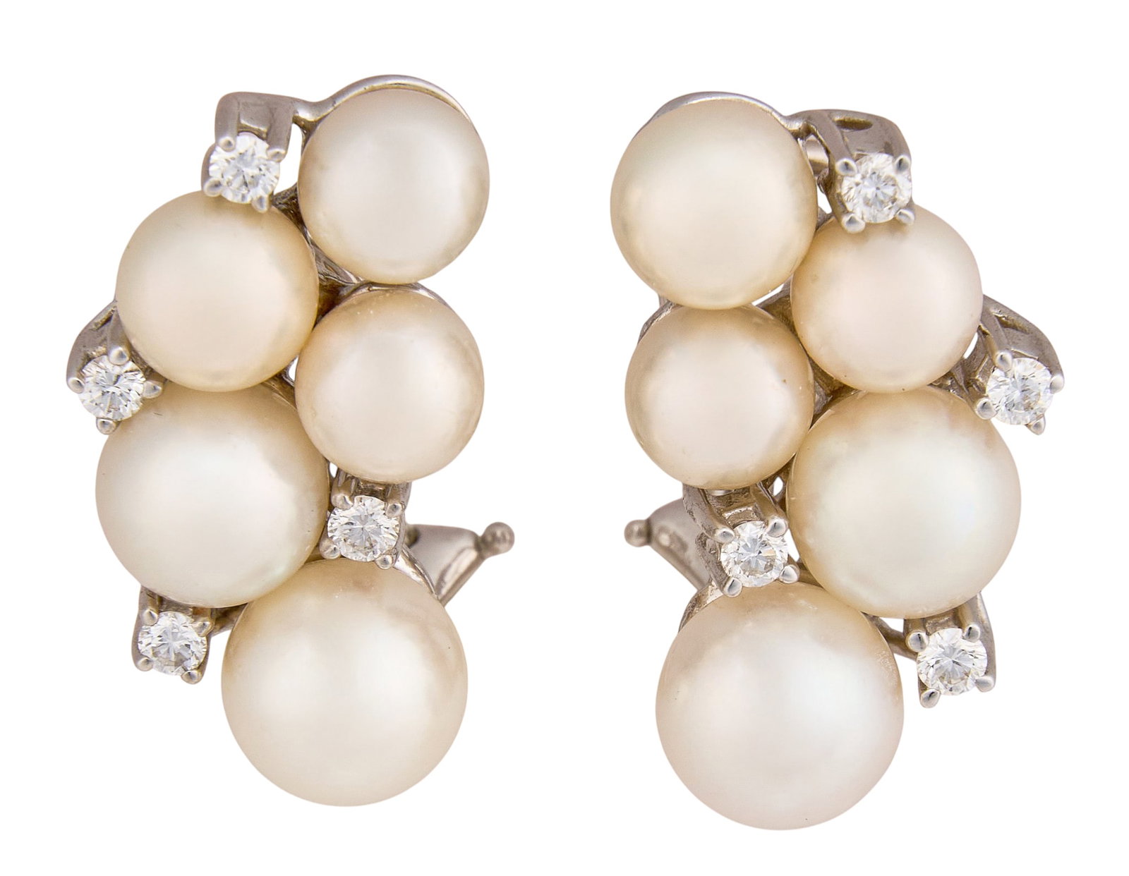 14K Pearl & Diamond Earrings: Pair of 14K white gold earrings, set with round pearls and diamonds in cluster design, marked "14K" Total weight: 9.46 g Provenance: Property from an estate collection at a home in the