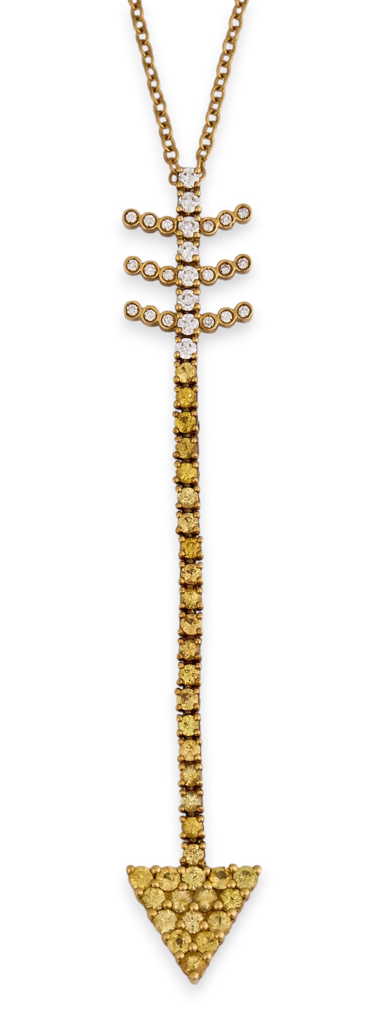 Zydo 18K Diamond Arrow Pendant Necklace: Zydo 18K yellow gold arrow pendant necklace, pendant set with round diamonds and yellow sapphires, on 18K chain, marked "18K ZYDO" near clasp Length: 16.5 in. Total weight: 12.0 g