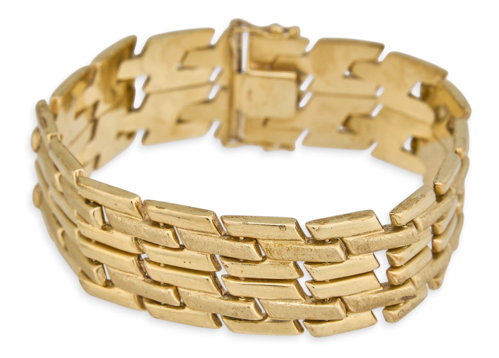 14K Articulated Link Bracelet: 14K yellow gold articulated link bracelet, marked "14K" Length: 7.25 in. Total weight: 34.78 g Provenance: Property from an estate collection at a home in the Lincoln Heights