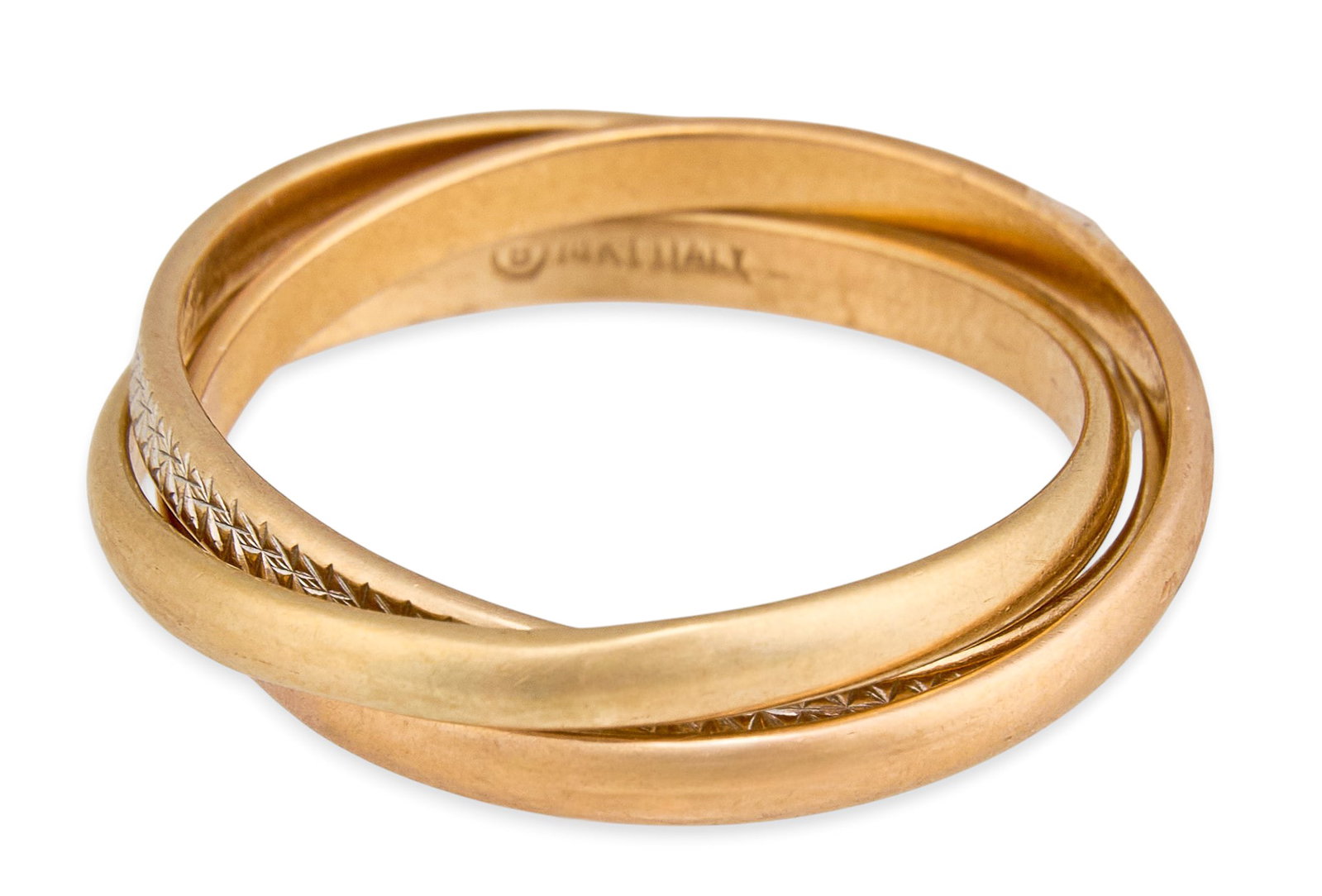 14K Three-Tone Ring: 14K three-tone ring, in yellow, white, and rose gold, marked "14K" Size: 8.5 Total weight: 4.8 g Provenance: Property from an estate collection at a home in the Lincoln Heights