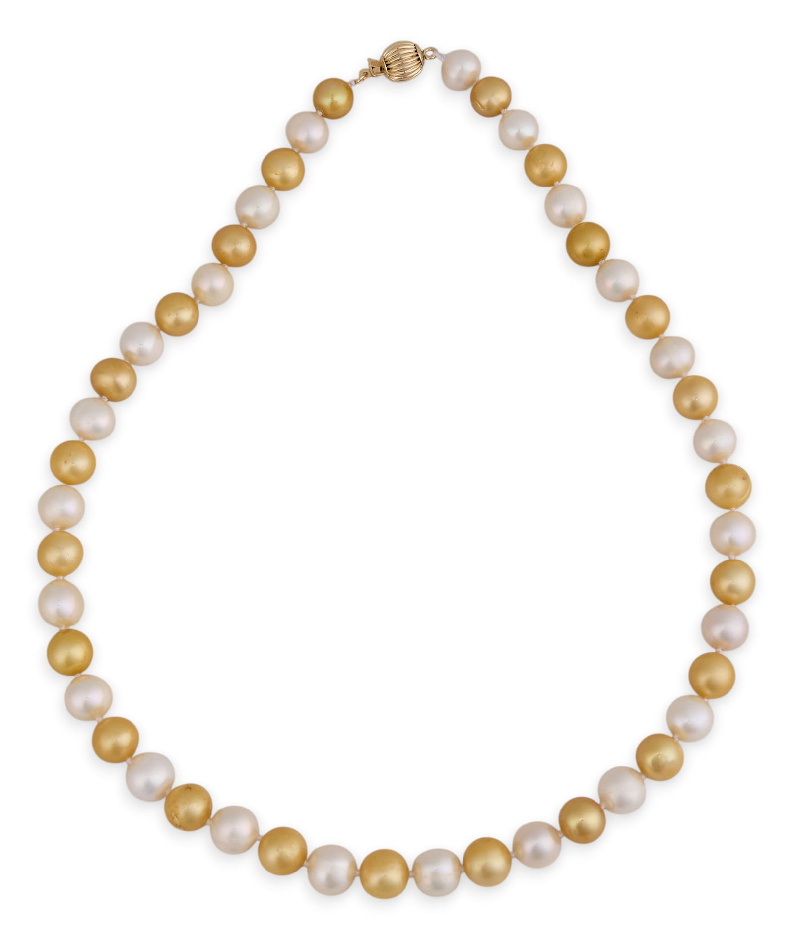 White & Golden Pearl Necklace: Single-strand cultured pearl necklace, approximately 8–10 mm, featuring white, cream, silver, and golden hues, with a sterling vermeil clasp Length: 17 in. Total weight: 43.8 g