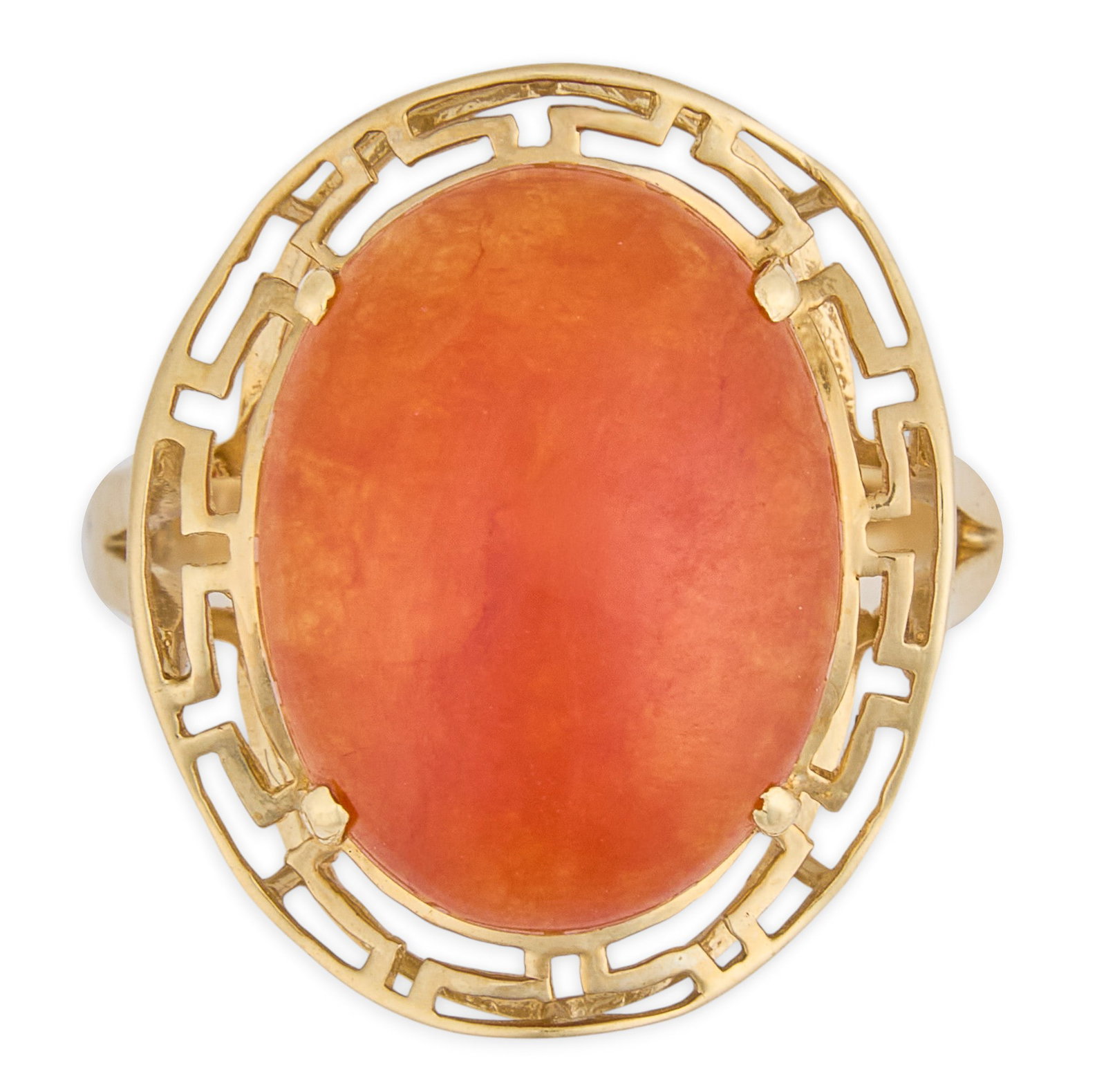 14K Carnelian Cocktail Ring: 14K yellow gold cocktail ring, set with large carnelian cabochon, with pierce framework, marked "14K" Size: 8 Total weight: 4.6 g Provenance: Property from an estate collection at a