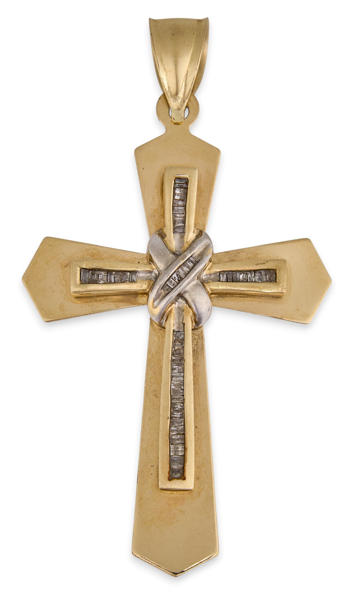 14K Diamond Cross Pendant: 14K yellow gold cross pendant, set with baguette cut diamonds, with textured design to reverse, marked "14K" to bail Size: 2.25 in. x 1.5 in. Total weight: 7.3 g Provenance: Property from a 
