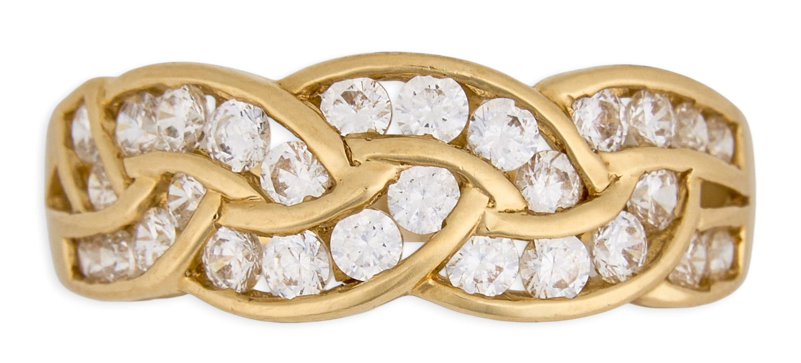 14K Woven Braid Diamond Ring: 14K yellow gold woven braid ring, set with rows of round cut diamonds, marked "14K China" Size: 9 Total weight: 3.3 g Provenance: Property from an estate collection at a home in the