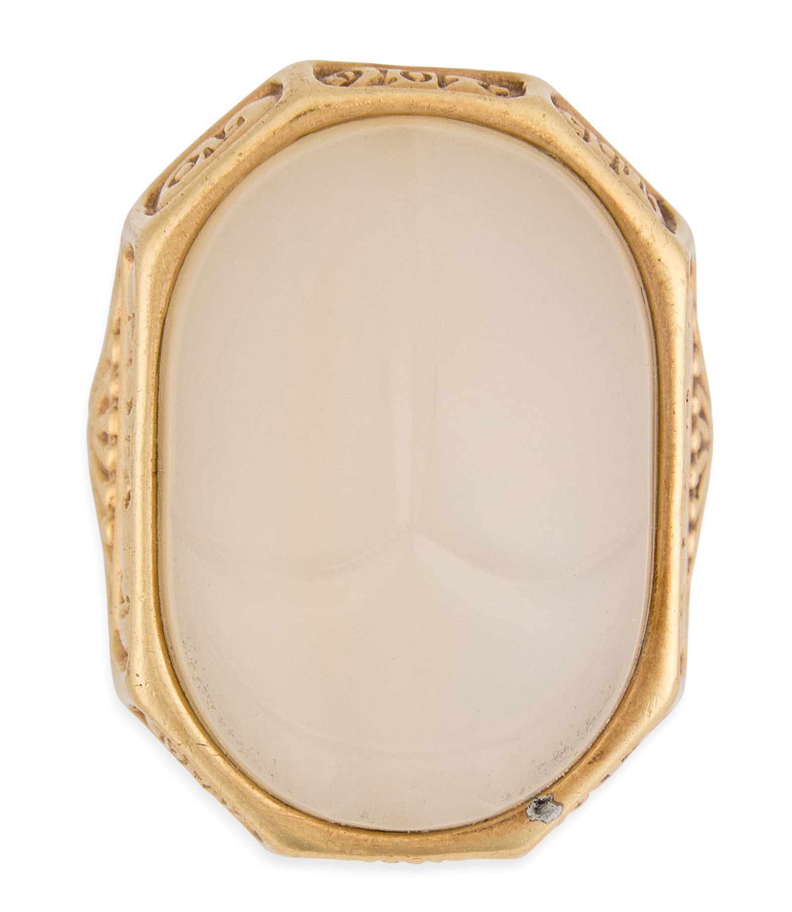 14K White Jade Cocktail Ring: 14K yellow gold cocktail ring, set with single carved white jade stone, marked "14K" Size: 5 Total weight: 12.3 g Provenance: Property from an estate collection at a home in the Lincoln
