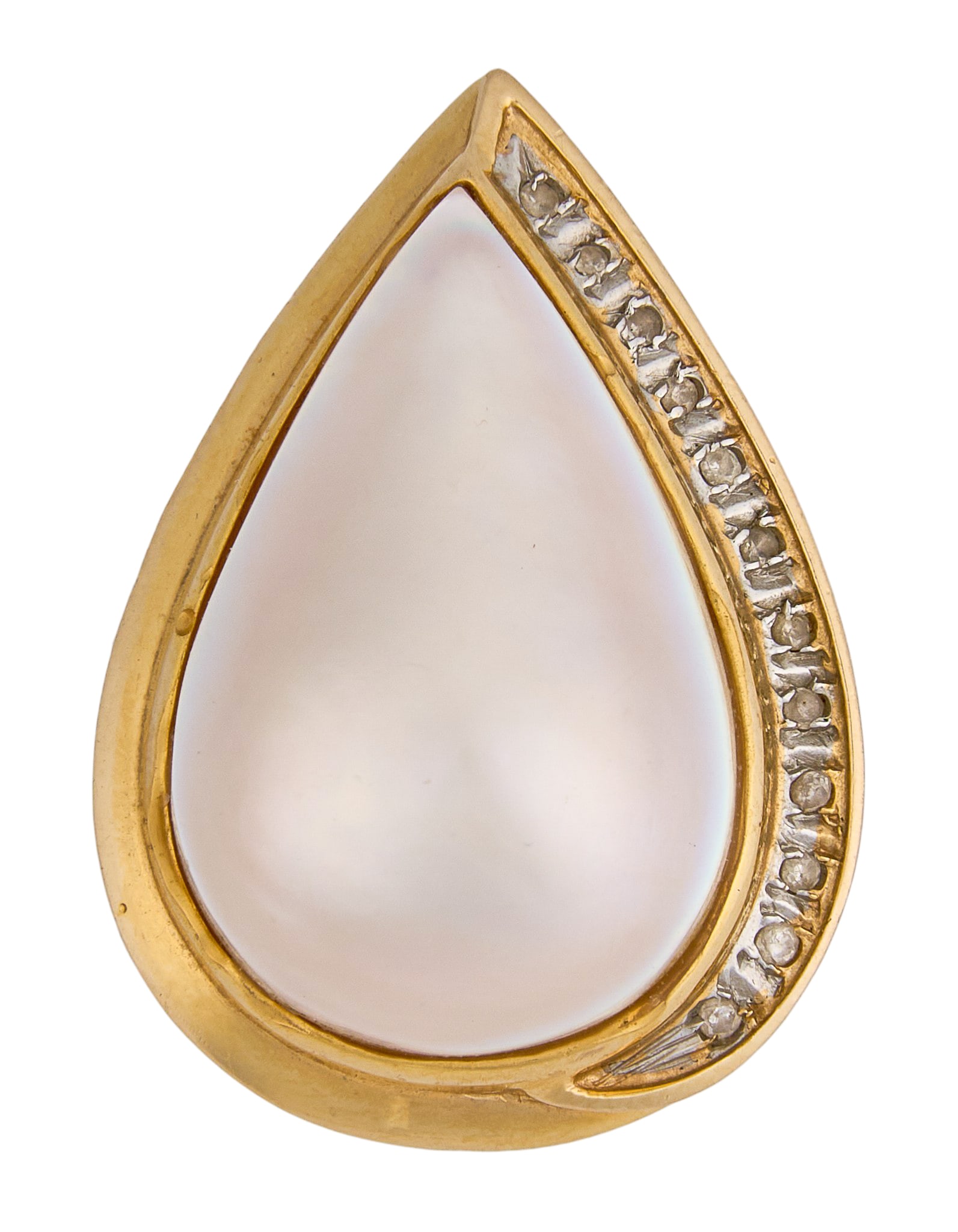 14K Mabe Pearl & Diamond Ring: 14K yellow gold ring, set with pear shape mabe pearl, accented by line of round cut diamonds, marked "14K" Size: 7 Total weight: 5.5 g Provenance: Property from an estate collection at