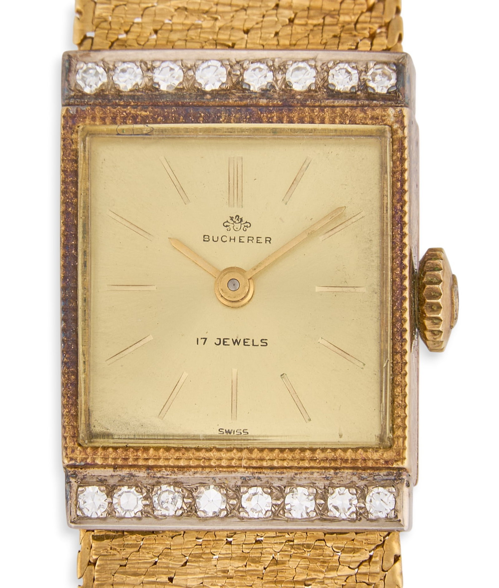 18K Bucherer Diamond Watch: 18K yellow gold Bucherer wristwatch, square case with diamond bezel, mesh bracelet, case and integrated mesh bracelet stamped "18K 750" Length: 6.5 in. Total weight: 39.8
