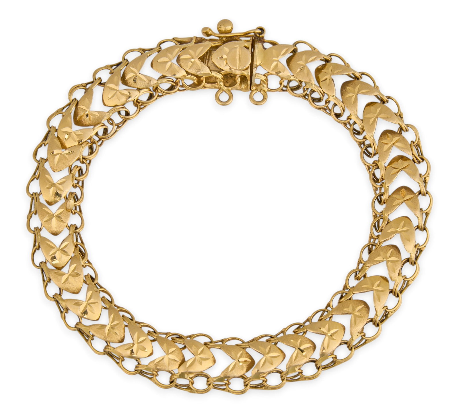 18K Charm Style Bracelet: 18K yellow gold (tested) charm style bracelet, with chevron style links Length: 7.5 in. Total weight: 12.72 g Provenance: Property from an estate collection at a home in the Lincoln Heights