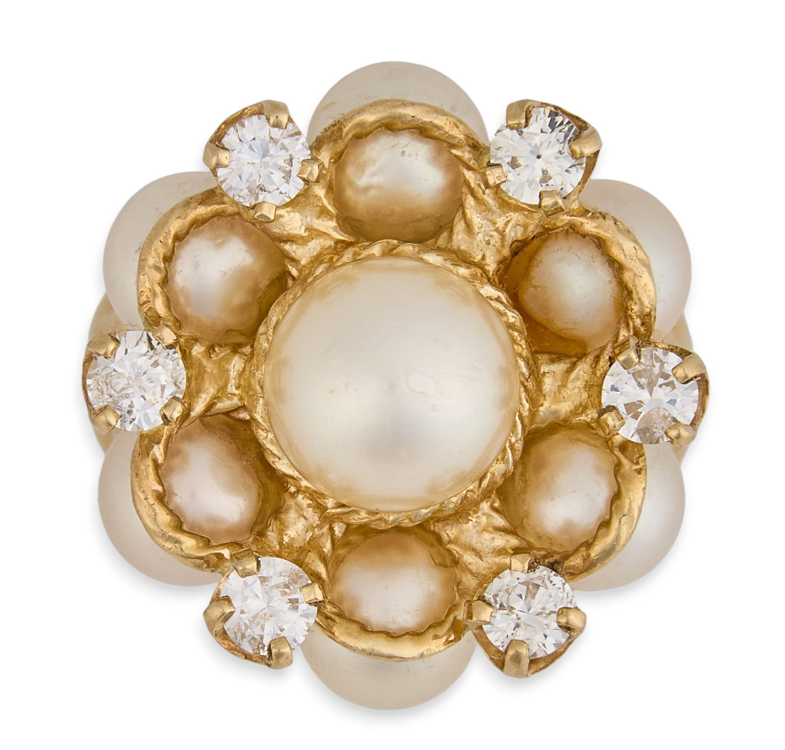 14K Pearl & Diamond Ring: 14K yellow gold ring, set with round pearls and diamonds in cluster design, marked "14K" Size: 8 Total weight: 10.0 g Provenance: Property from a home in San Antonio, Texas