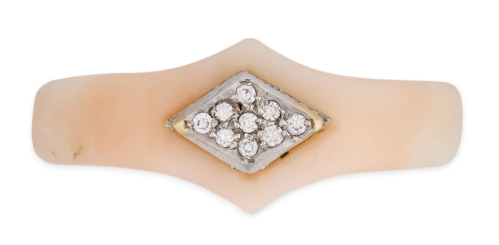 18K Angel Skin Coral & Diamond Bombé Ring: 18K white gold Italian bombé ring, set with domed angel skin coral, accented by nine pave set round diamonds, marked "Italy 750" Size: 7 Total weight: 10.5 g Provenance: