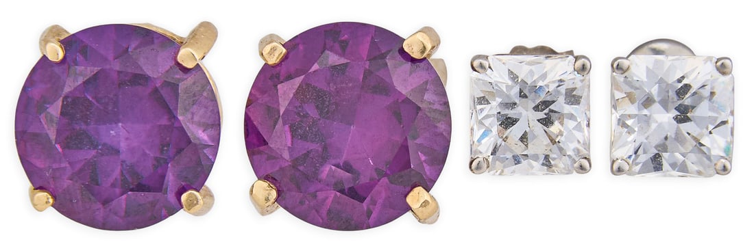 (2) Pairs of 14K Stud Earrings: Two pairs of 14K stud earrings, one yellow gold pair set with round amethyst, and one white gold pair set with square diamonds, one pair marked Total weight: 8.88 g Provenance: Property from an e
