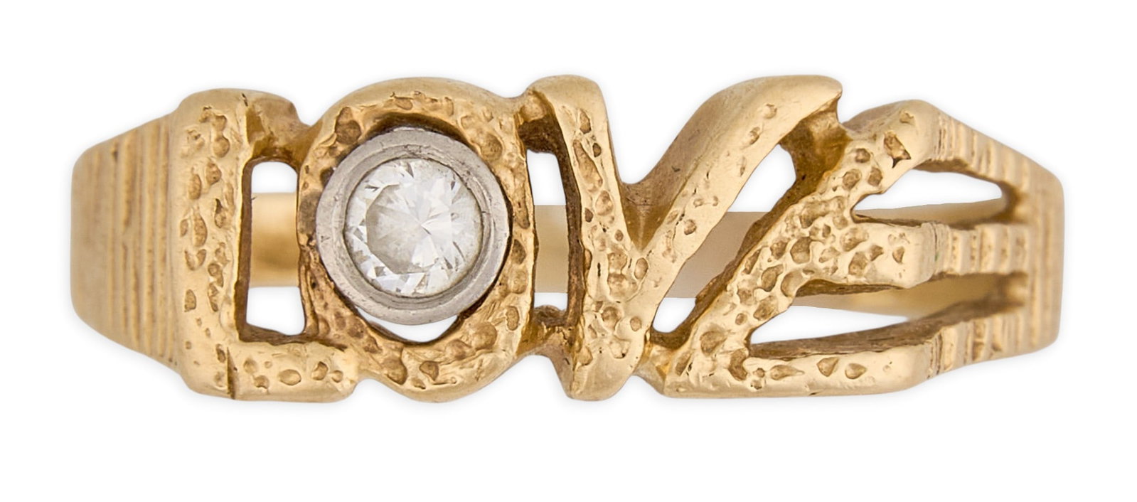 14K Diamond “Love“ Ring: 14K yellow gold ring, reading "LOVE" with round diamond detail to the "O", marked "14K" Size: 6.5 Total weight: 2.7 g Provenance: Property from an estate collection
