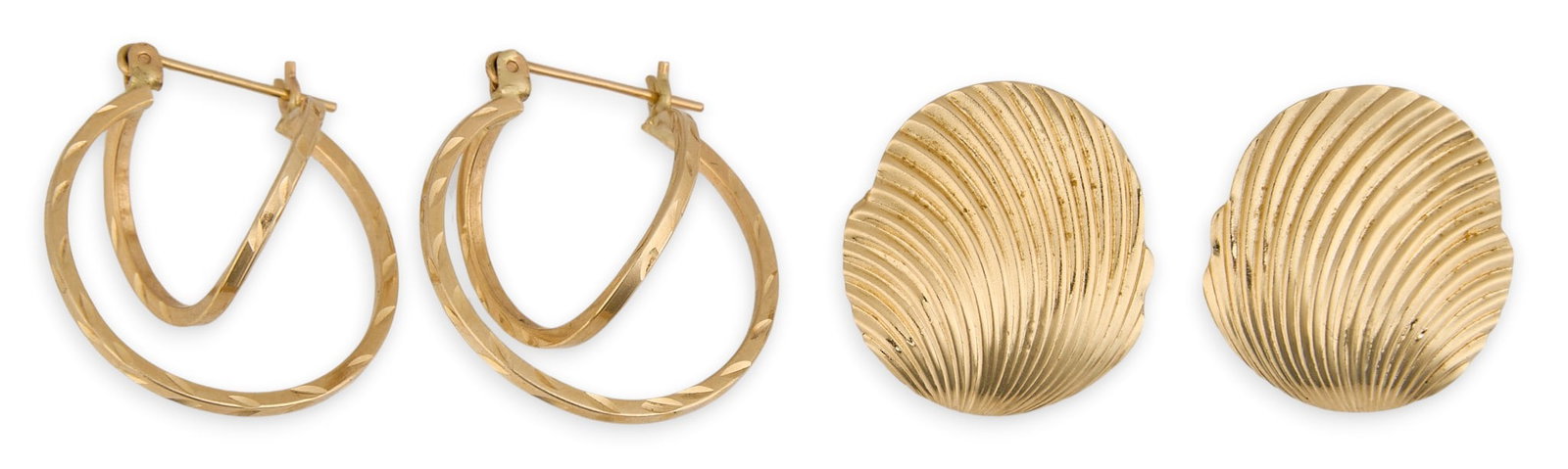 (2) Pairs of 14K Earrings: Two pairs of 14K yellow gold earrings, both marked "14K" Total weight: 3.2 g Provenance: Property from an estate collection at a home in the Lincoln Heights neighborhood of San Antonio, Texa