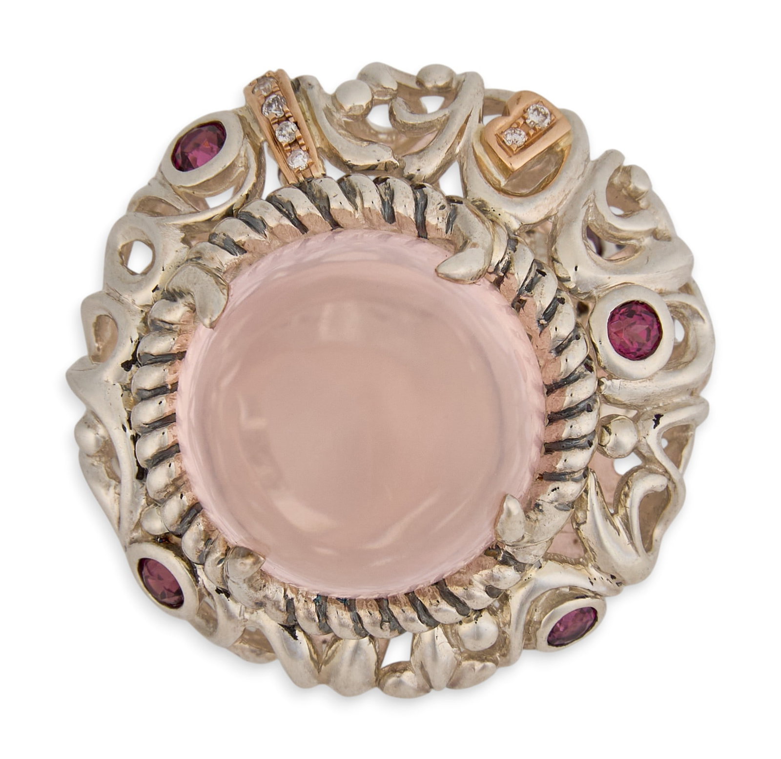 Bellarri 18K/Sterling Rose Quartz Cocktail Ring: Bellarri sterling silver cocktail ring, set with rose quartz cabochon center stone, approximately 9.7 ct, surrounded by round cut diamond and garnet details, approximately 0.7 ctw, featuring 18K 