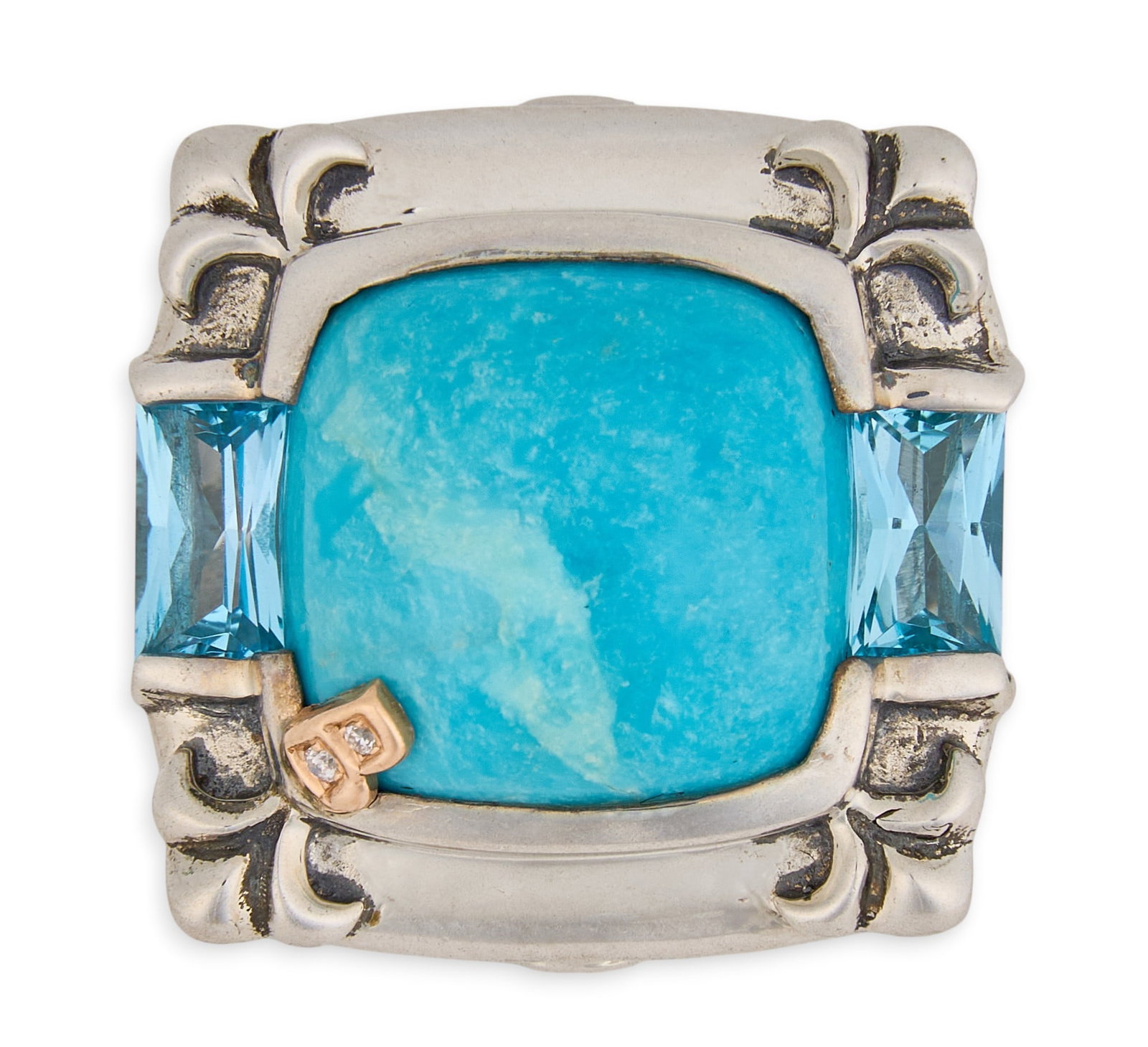 Bellarri 18K/Sterling Turquoise & Topaz Cocktail Ring: Bellarri sterling silver cocktail ring, set with 10.9 ct turquoise cabochon center stone, flanked by two blue topaz side stones, approximately 1.9 ctw, featuring 18K rose gold "B" motif deta