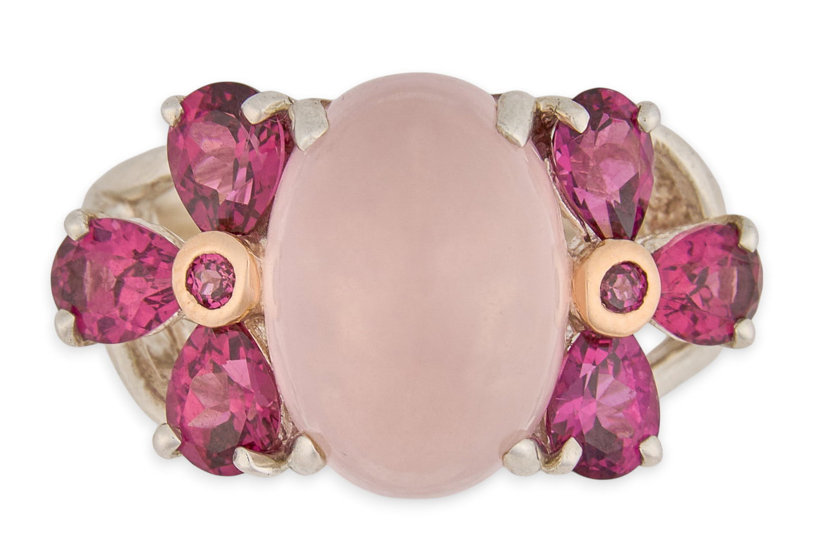 Bellarri 18K/Sterling Rose Quartz Cocktail Ring: Bellarri sterling silver cocktail ring, set with 7.4 ct rose quartz cabochon center stone, flanked by round and pear cut garnet, approximately 3.2 ctw, and two small diamond details, in 18K rose gold 