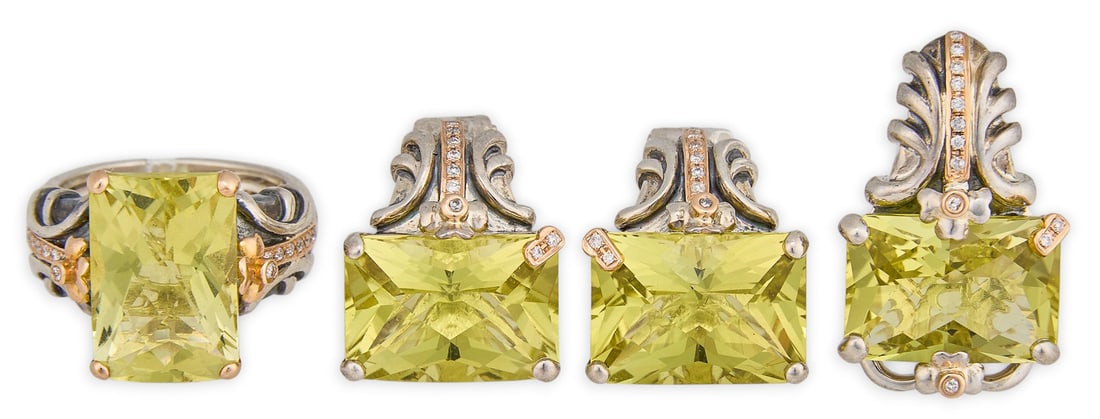 Bellarri 14K/Sterling Lemon Quartz & Diamond Suite: Bellarri sterling silver jewelry suite, set with lemon quartz stones, each stone measuring approximately 16 mm x 11 mm, accented by round diamonds in 18K rose gold settings, marked "925 18K Bella