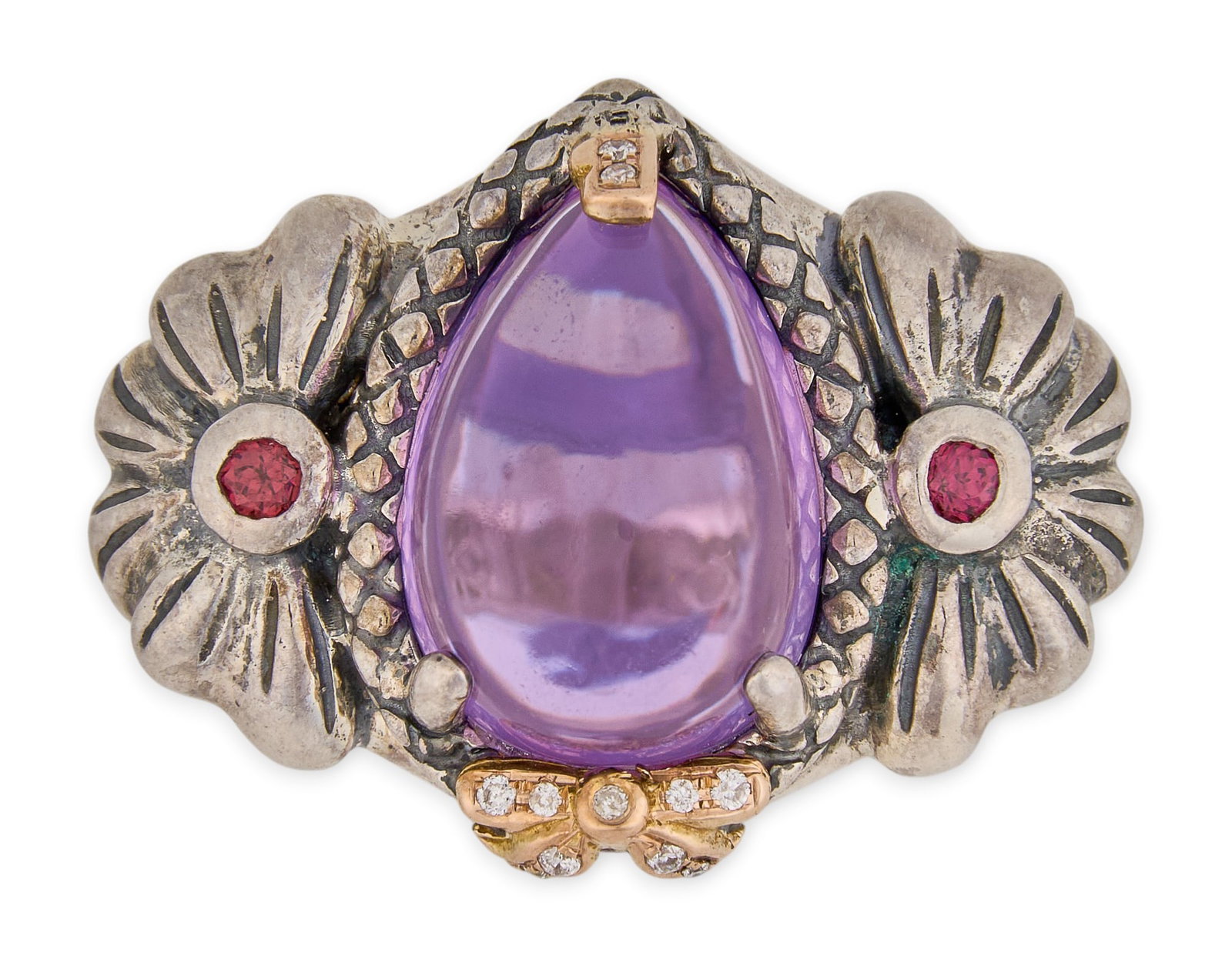 Bellarri 18K/Sterling Amethyst Cocktail Ring: Bellarri sterling silver cocktail ring, set with pear cut amethyst center stone, approximately 10.1 ct, featuring two round cut garnet details in bezel settings, and diamond details in 18K rose gold s
