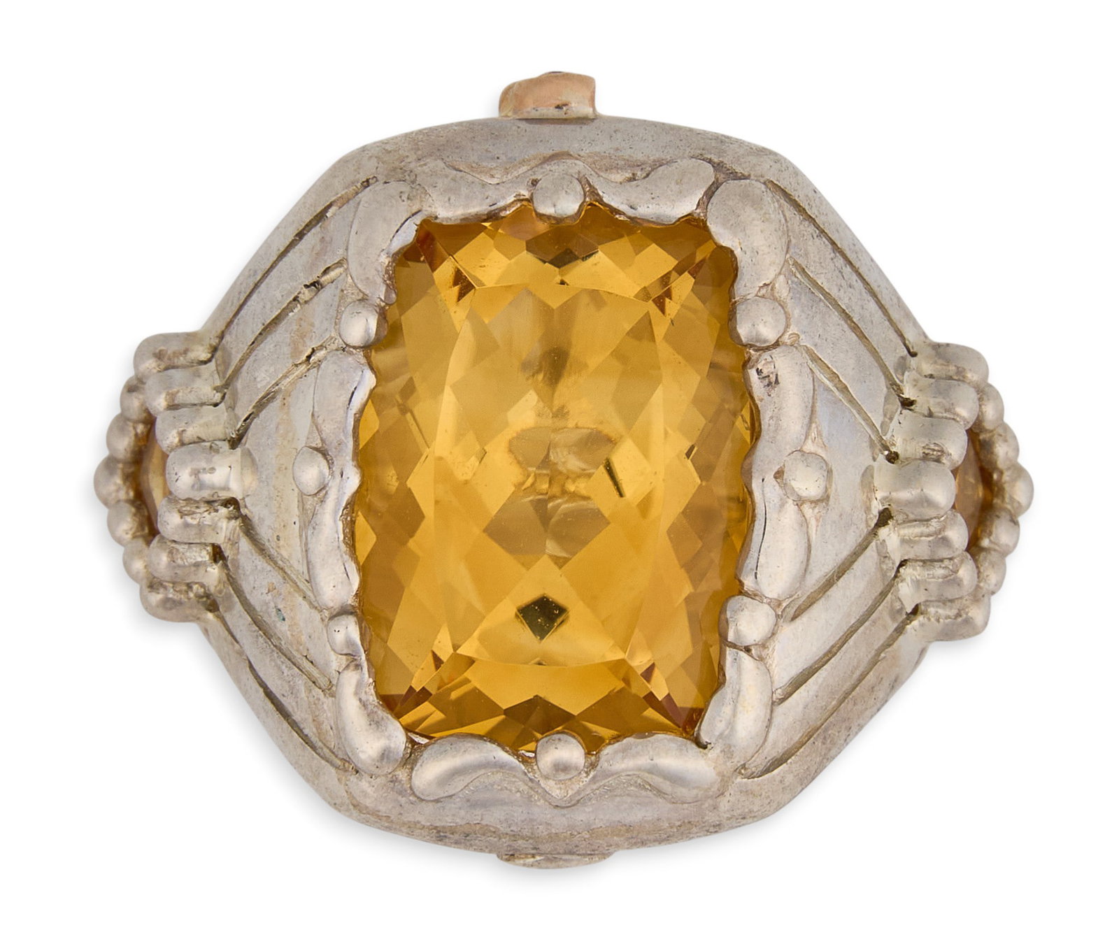 Bellarri 18K/Sterling Citrine Cocktail Ring: Bellarri sterling silver cocktail ring, set with 5.85 ct citrine center stone, accented by an additional 0.6 ctw of square cut citrine, featuring small diamond details in an 18K rose gold "B"