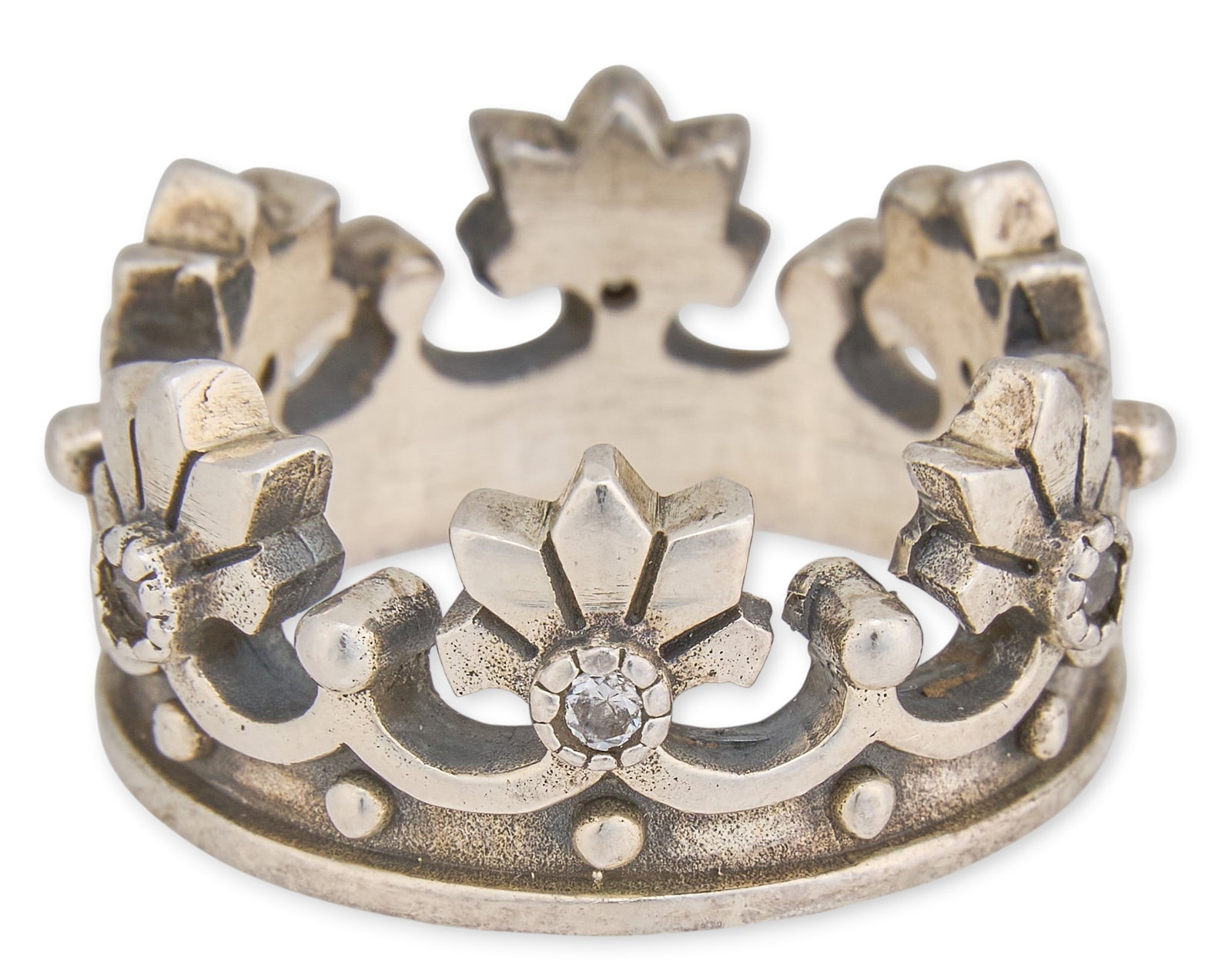 Sterling Silver Diamond Crown Ring: Sterling silver crown motif ring, set with round diamonds and floral motifs, marked "925" Size: 8.5 Total weight: 0.375 ozt Provenance: Property from an estate collection at a home in the Li