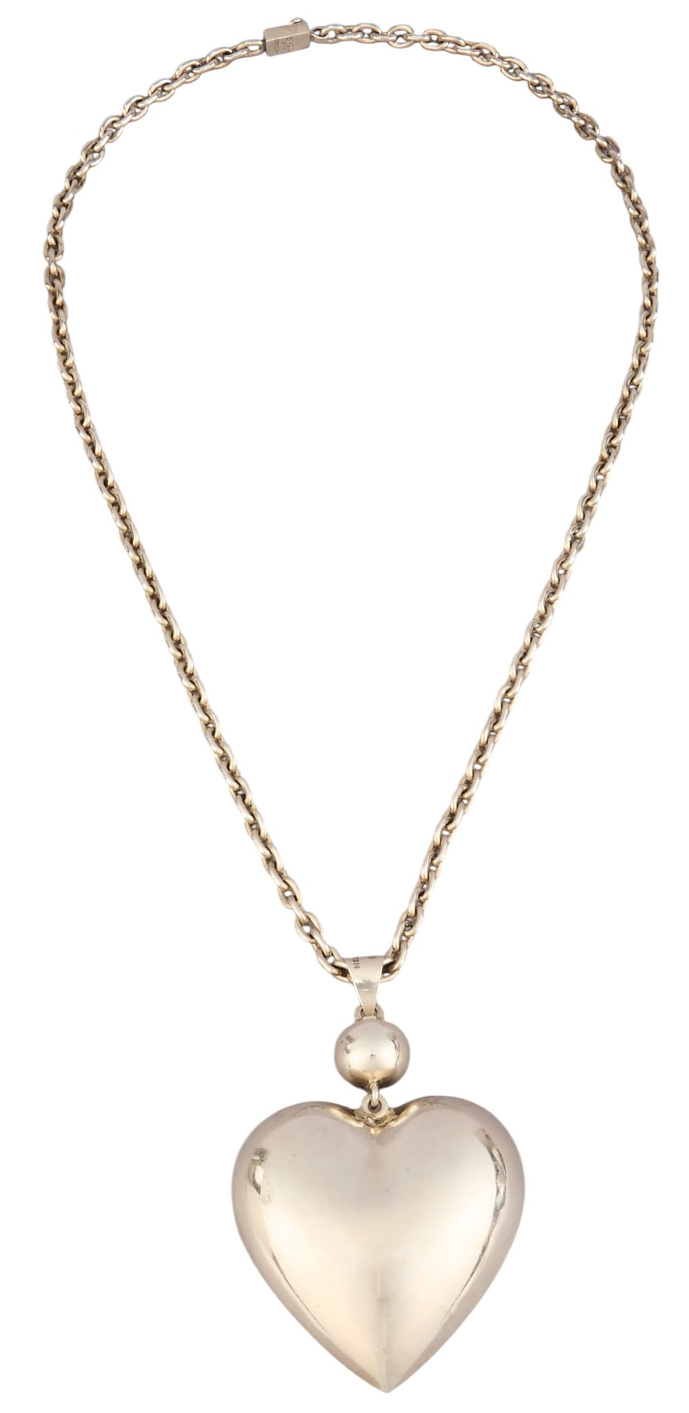 Mexican Sterling Silver Heart Pendant Necklace: Mexican sterling silver hart pendant necklace, marked "Mexico 925" Length: 24 in. Total weight: 3.12 ozt Provenance: Property from an estate collection at a home in the Lincoln Heights 