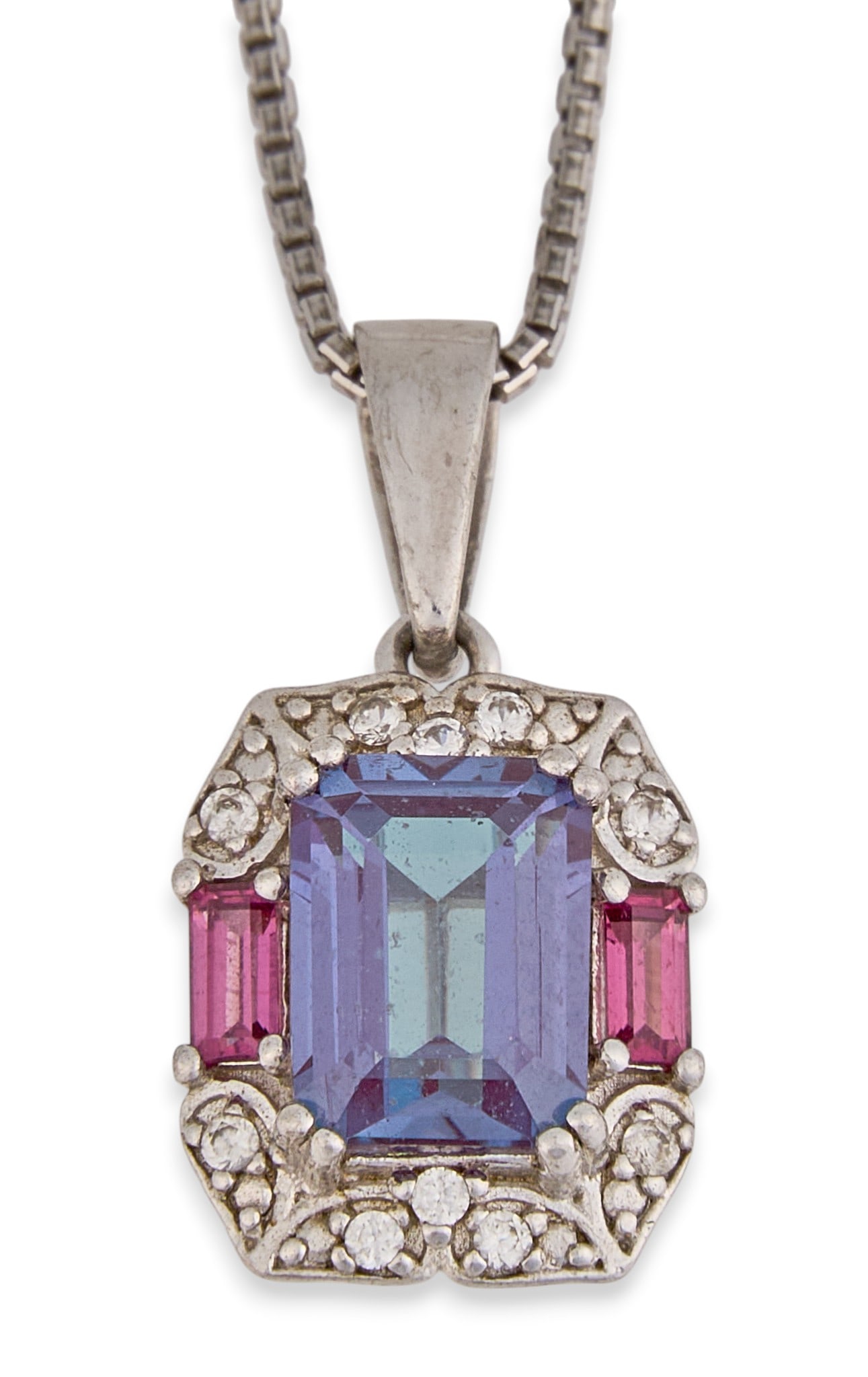 Sterling & Multi-Stone Pendant Necklace: Sterling silver pendant necklace, pendant set with multi-stone and diamond design, marked "925 BBJ" to pedant and clasp Length: 18 in. Pendant: 5/8 in. x 3/8 in. / with bail Total weight:&nb