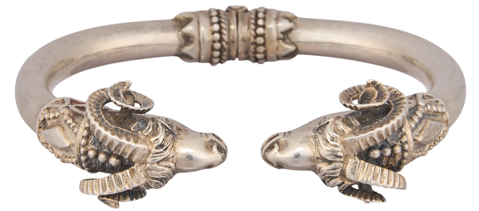 Vintage Ram’s Head Hinged Cuff: Vintage sterling silver ram's head hinged cuff, marked "925" Total weight: 1.5 ozt Provenance: Property from an estate collection at a home in the Lincoln Heights neighborhood of