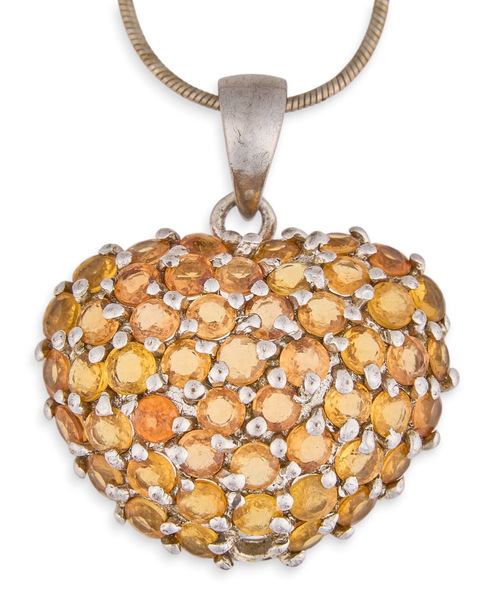 Sterling Gemstone Heart Pendant Necklace: Sterling silver heart pendant necklace, pendant set with round citrine in pave setting, pendant and clasp marked "925" Length: 18 in. Total weight: 0.265 ozt Provenance: Property from