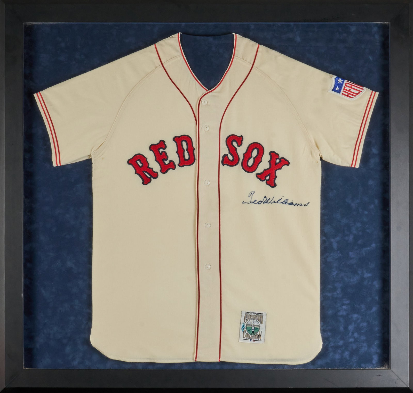 Ted Williams Signed Boston Red Sox Baseball Jersey: Framed Ted Williams signed Boston Red Sox baseball jersey (1939-1960) height 40.75 in. x width 42.75 in. Provenance: Property from the Estate of Robert A. "Bob" Funk Sr. -