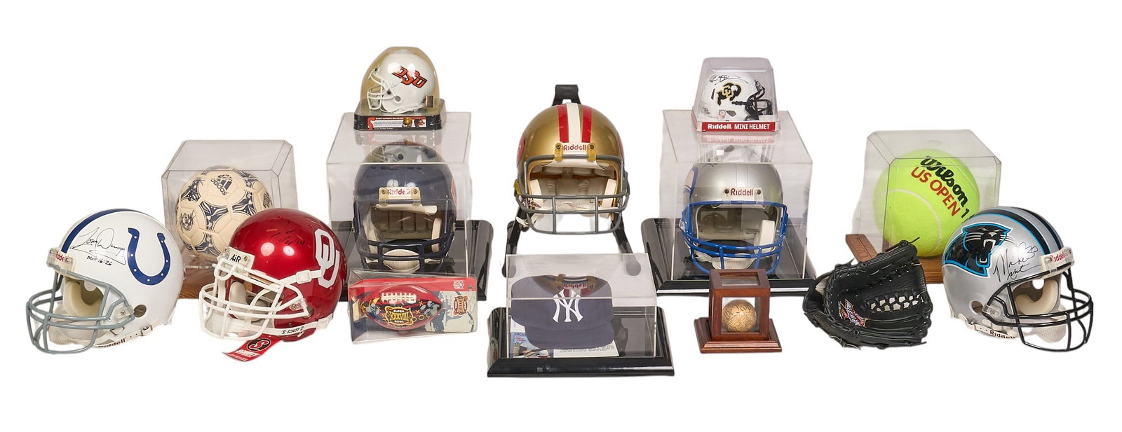 Signed Sports Memorabilia: Collection of various sport memorabilia, includes: Josh Heupel signed Oklahoma University football helmet Joe Montana signed San Francisco 49ers helmet Steve Largent signed Seattle Seahawks helmet