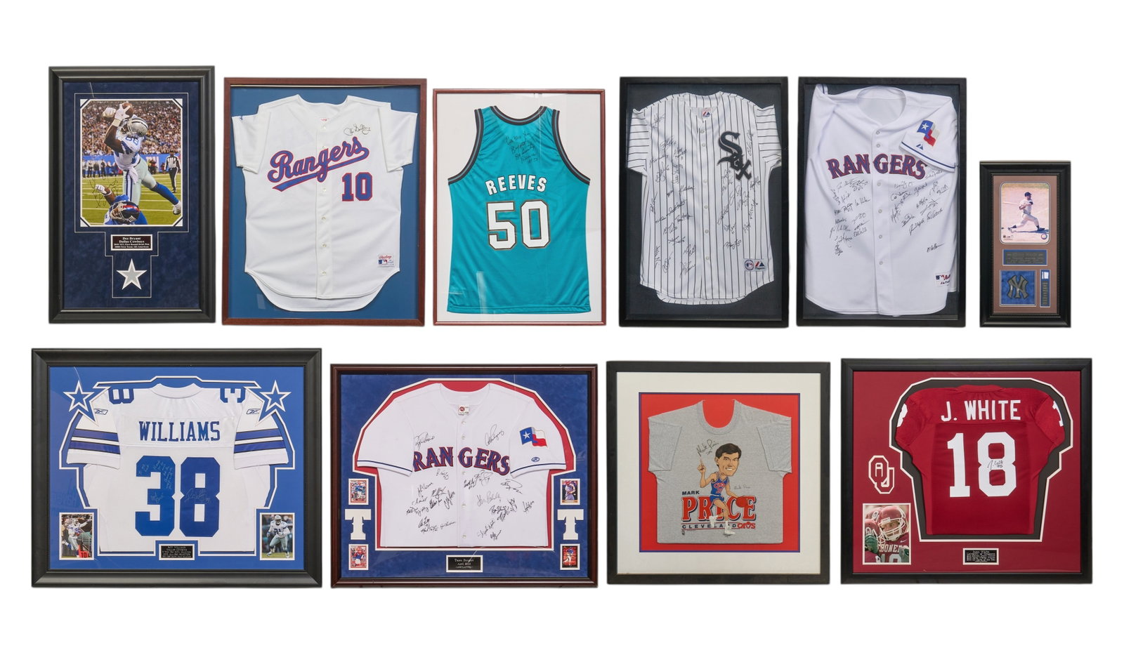 (10) Signed Sports Memorabilia: Collection of frames singed American sports team jerseys and one photograph, includes: Dez Bryant signed photograph Tony La Russa signed Stan Musial St. Louis Cardinals jersey Jim Sundberg